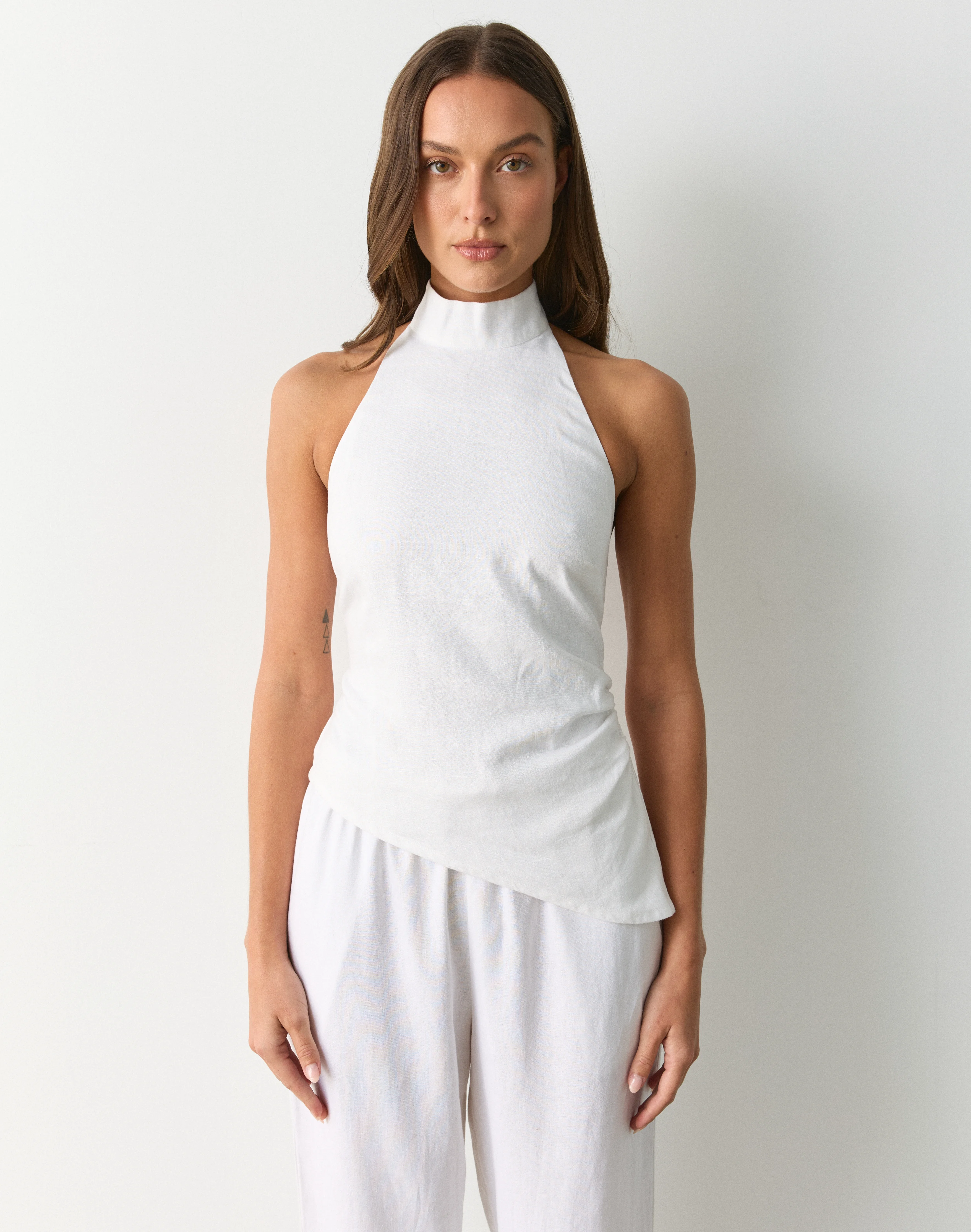 100% Linen High Neck Top White