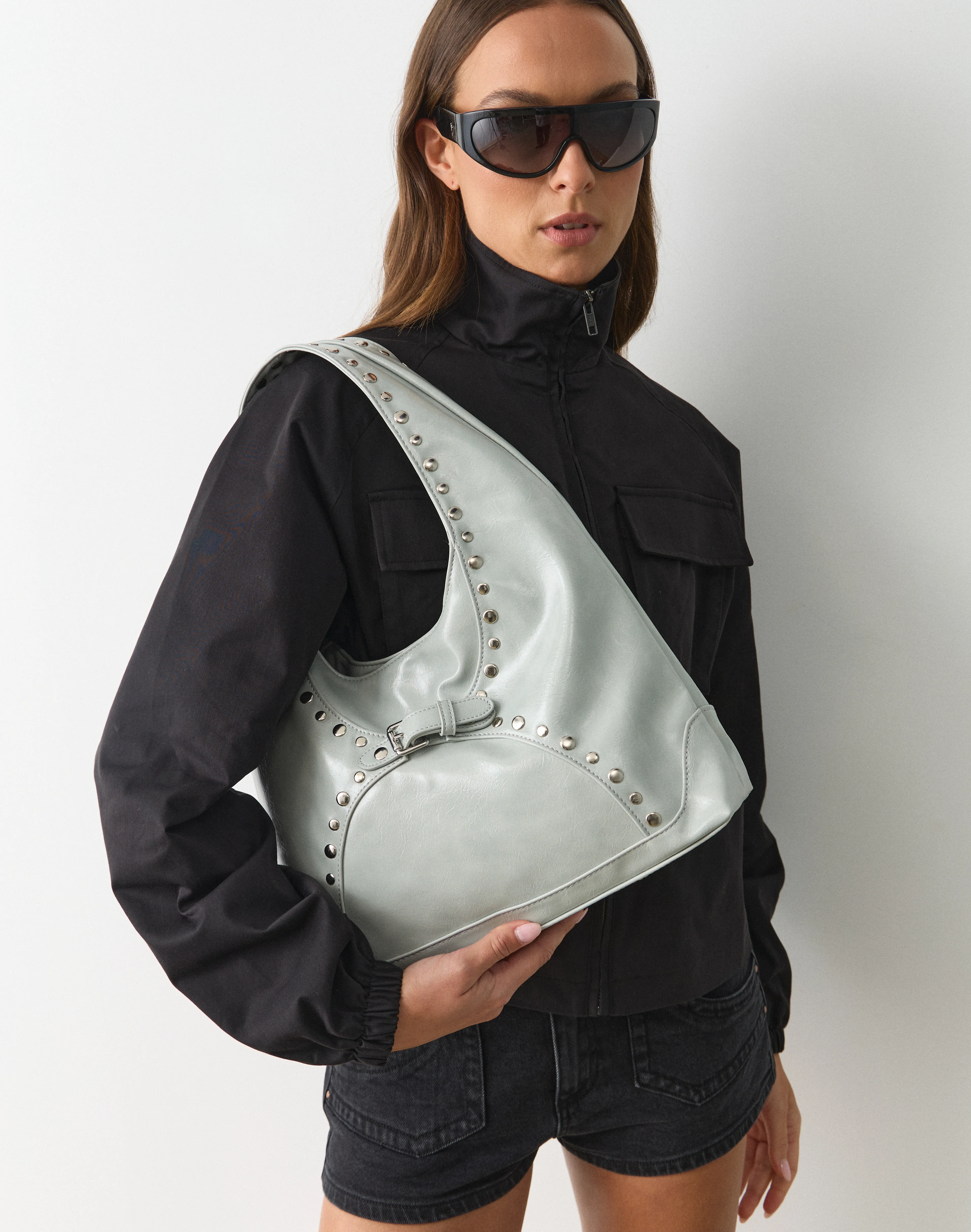 Studded Slouchy Shoulder Bag Grey X Silver