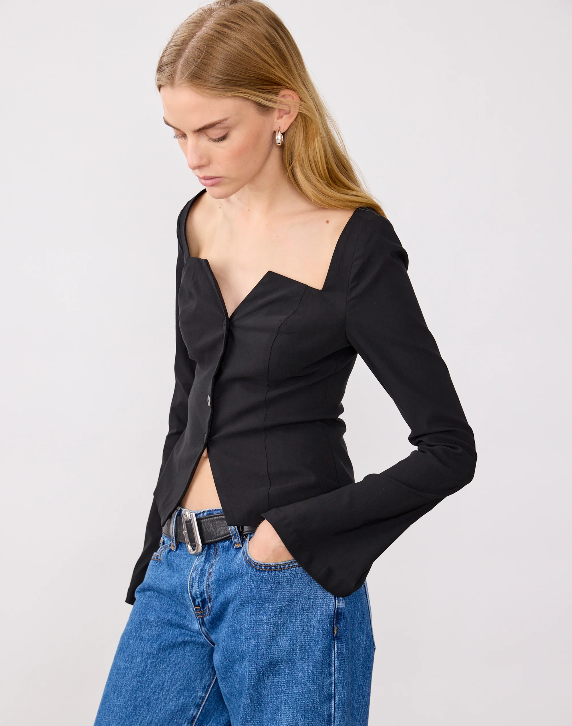 Square Neck Button Tailored Top Black