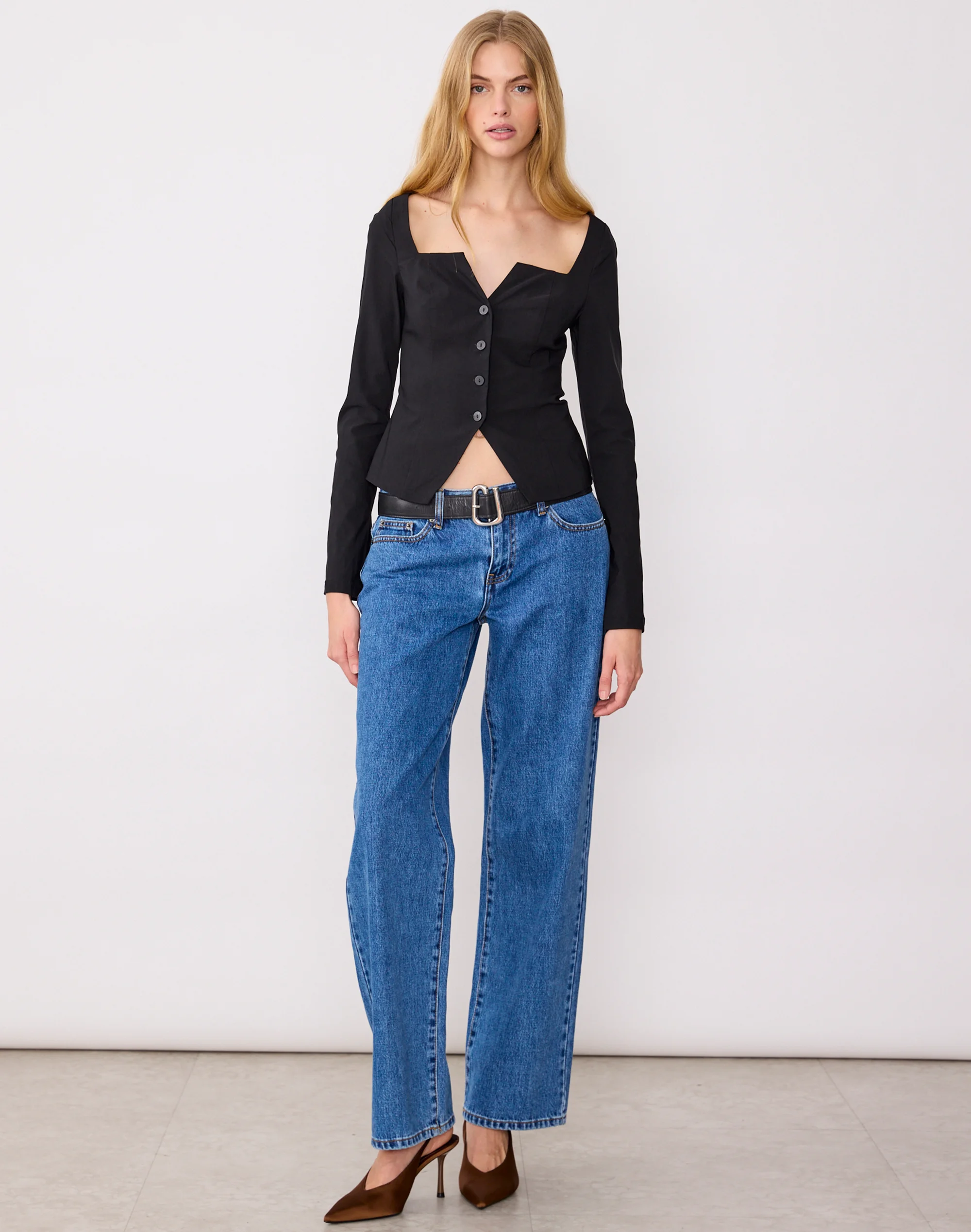 Square Neck Button Tailored Top Black