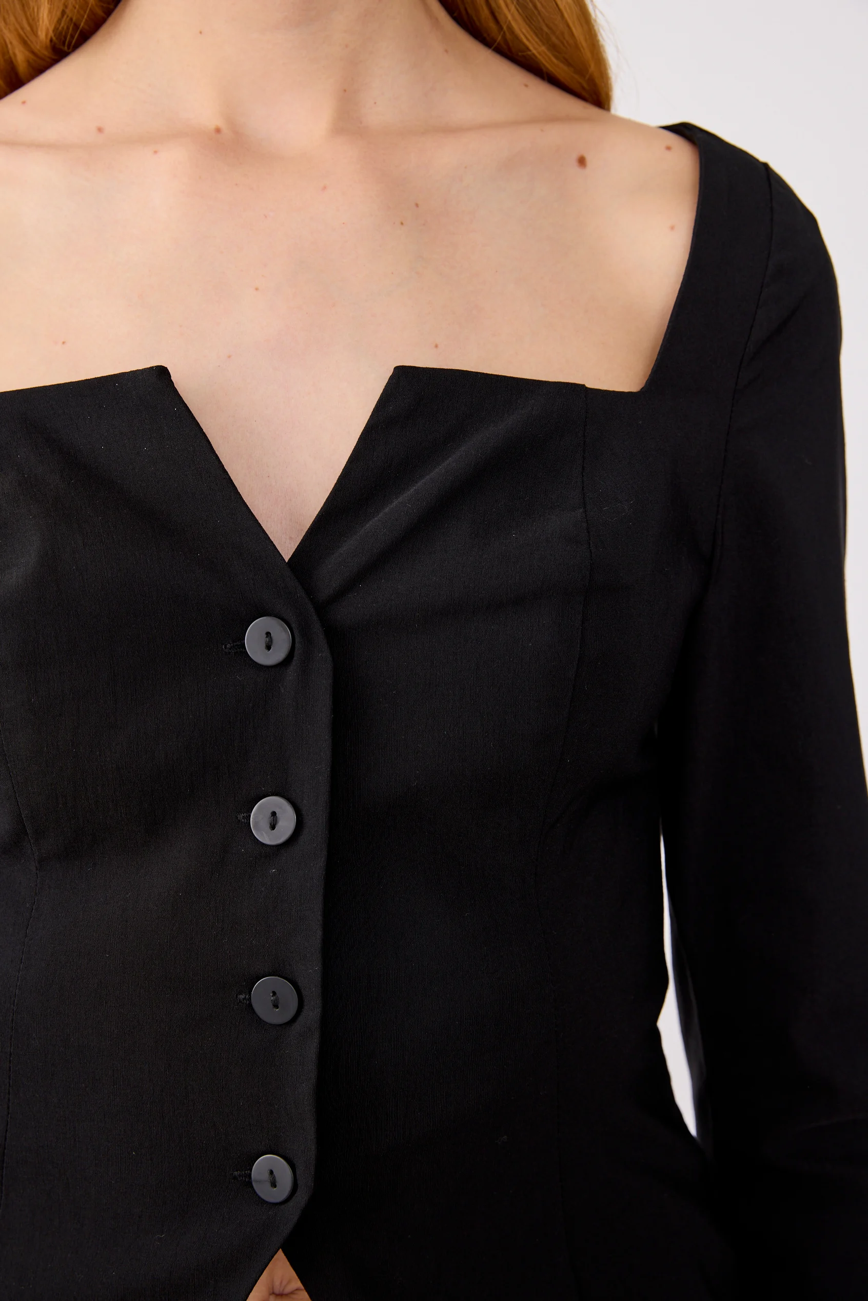 Square Neck Button Tailored Top Black