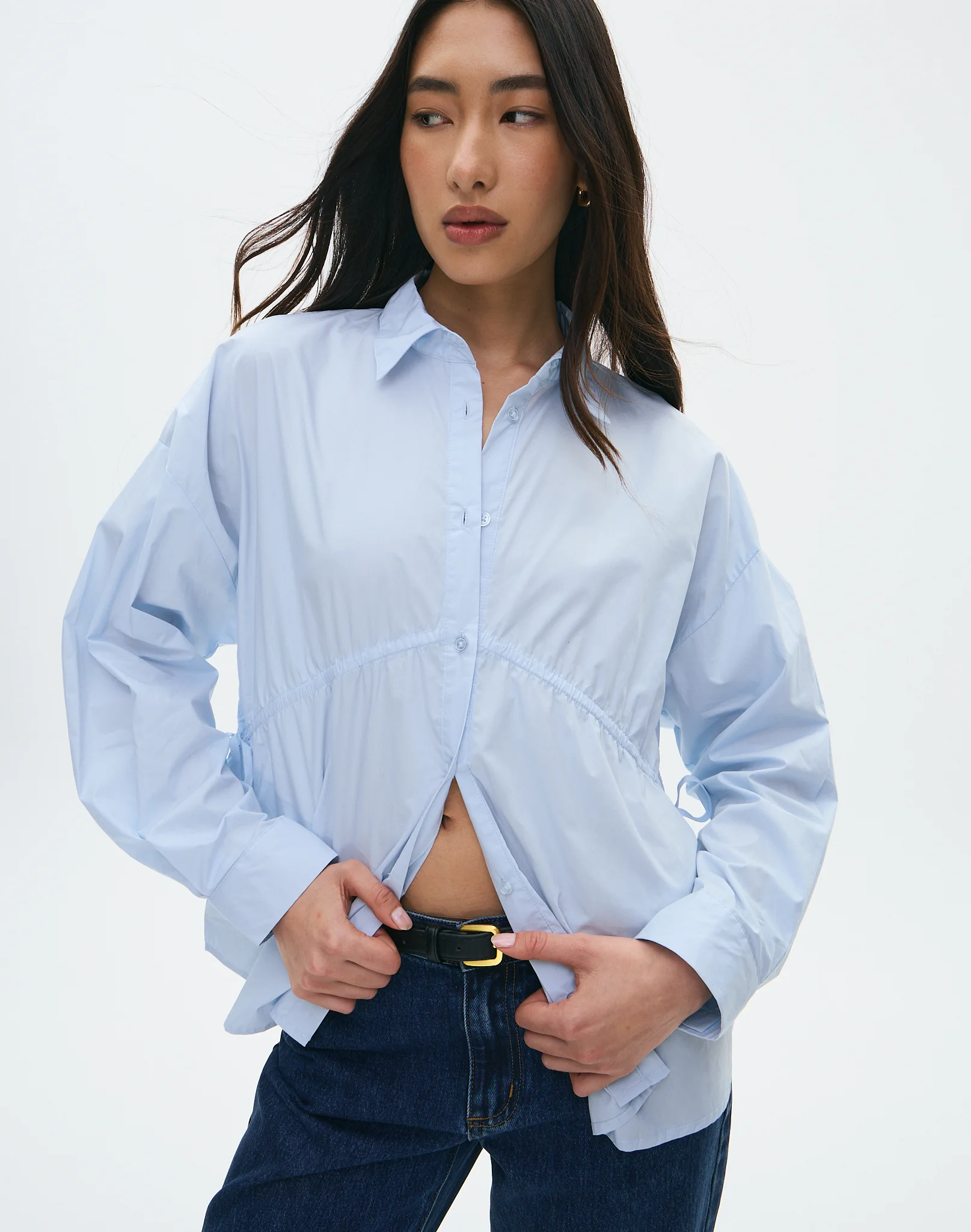 Ruched Button Up Poplin Shirt Shirt in Western Blue