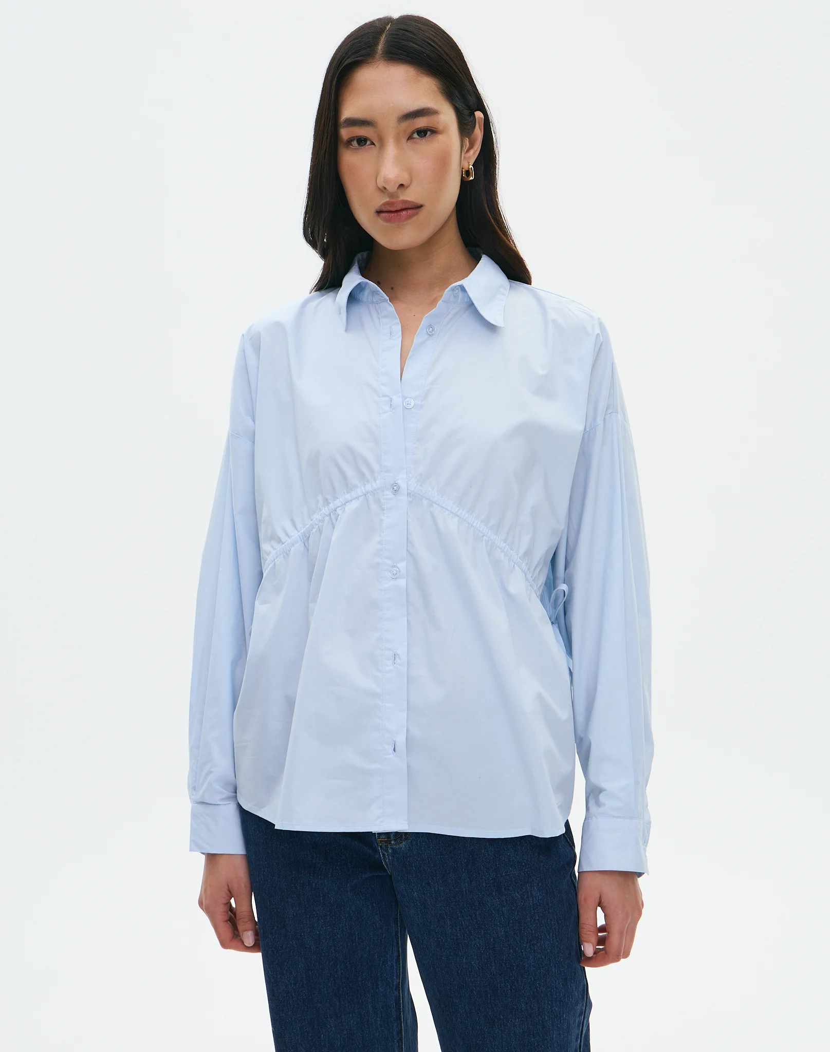 Ruched Button Up Poplin Shirt Shirt in Western Blue