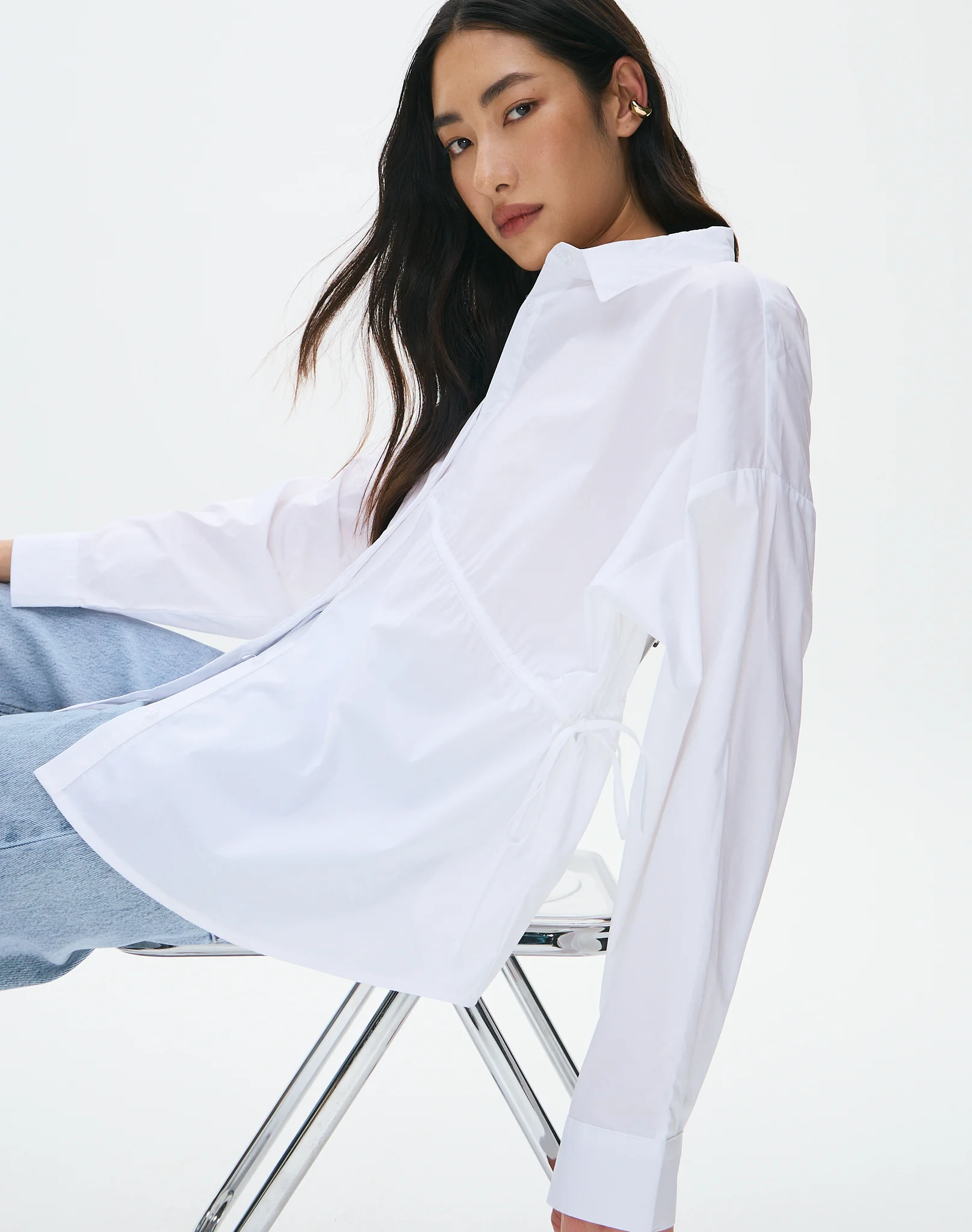 Ruched Button Up Poplin Shirt Shirt in White