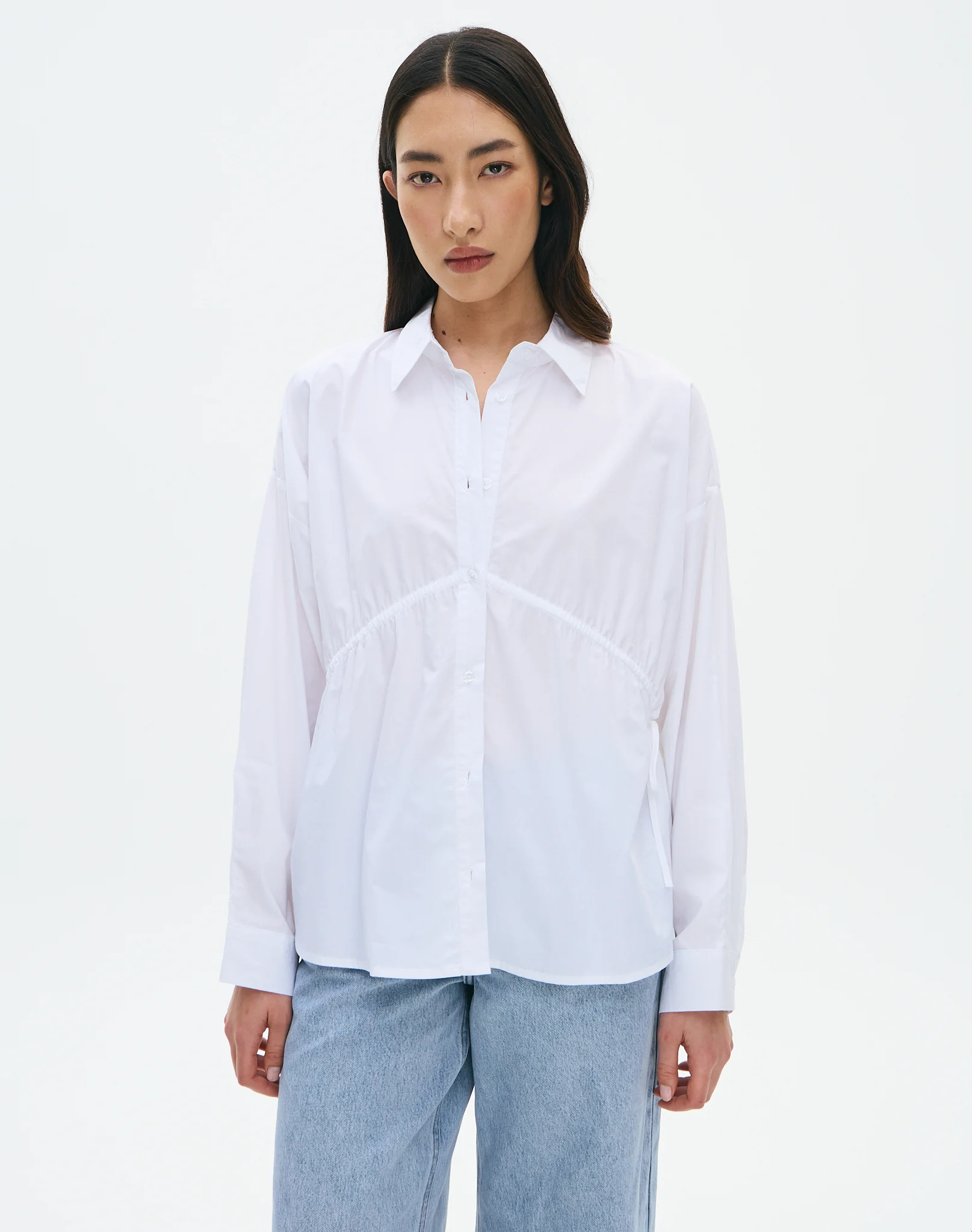 Ruched Button Up Poplin Shirt Shirt in White