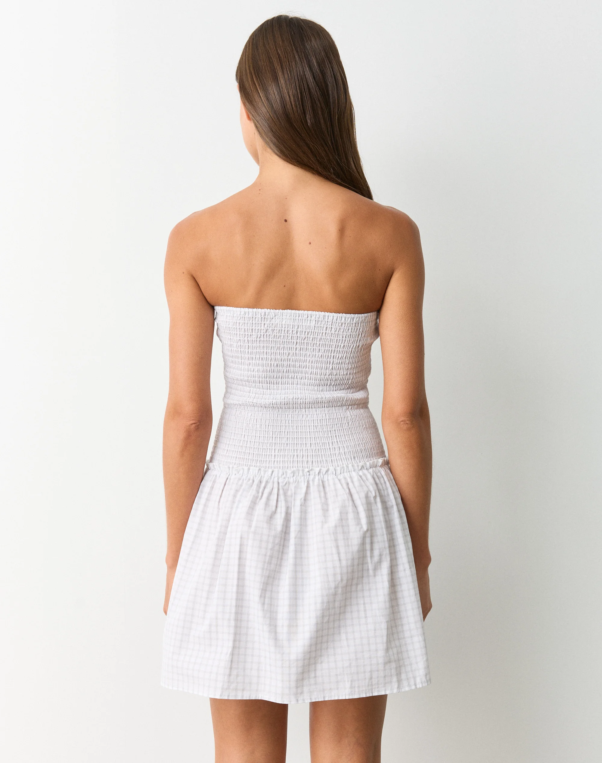 Strapless Shirred Mini Dress White Gimmie Check