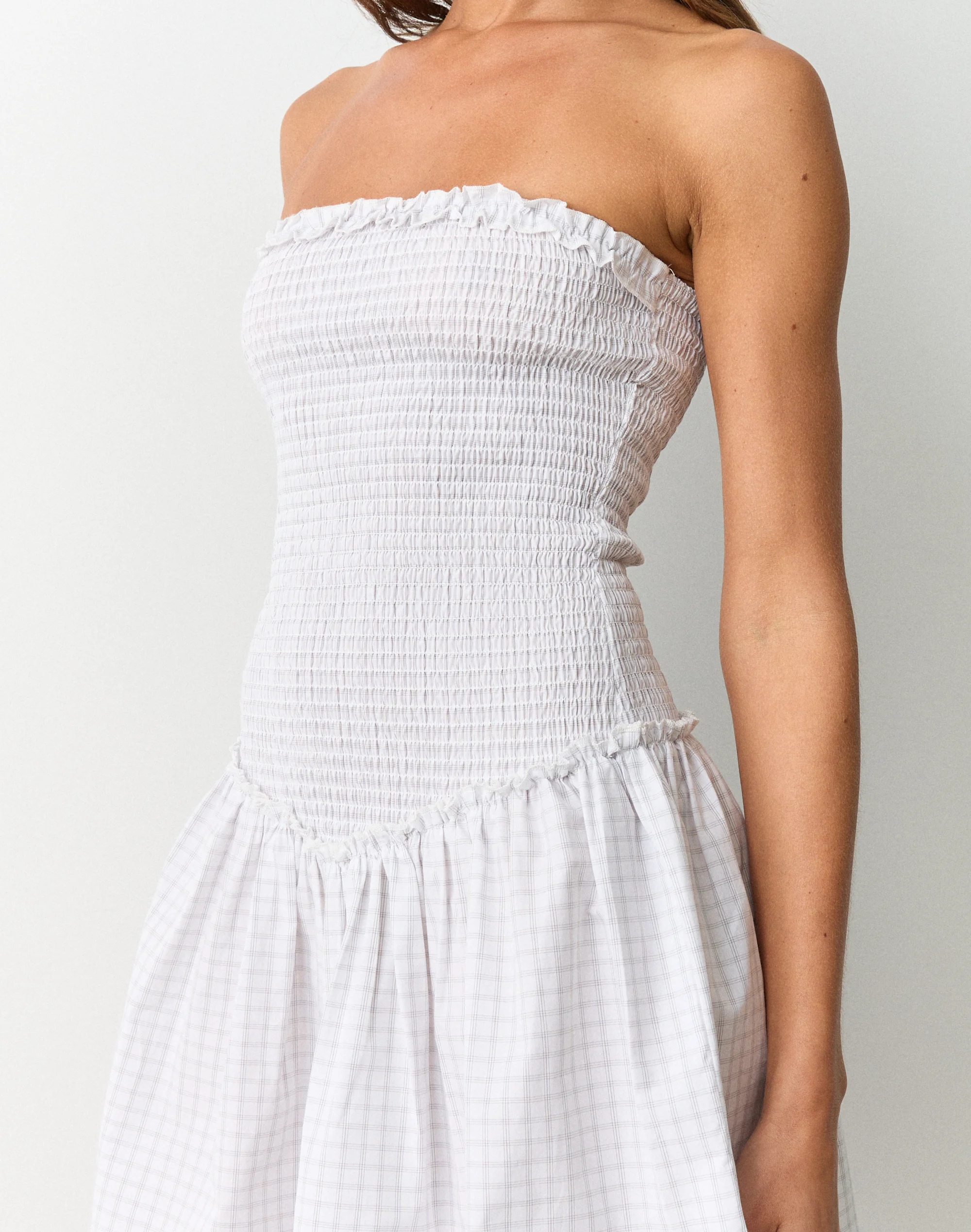 Strapless Shirred Mini Dress White Gimmie Check