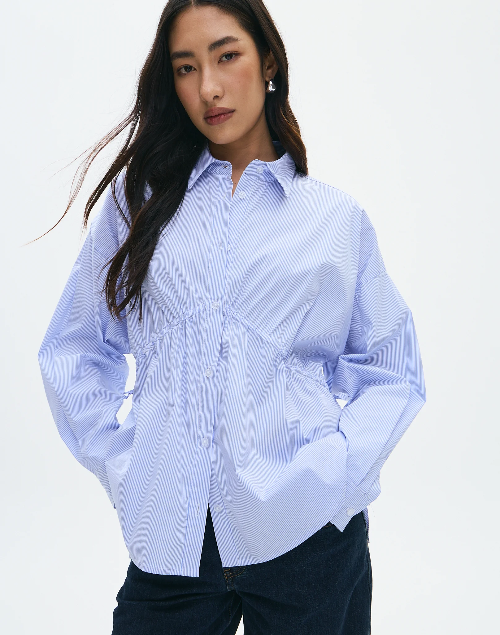Ruched Detail Button Up Poplin Shirt Shirt in Blue X White Hana Stripe