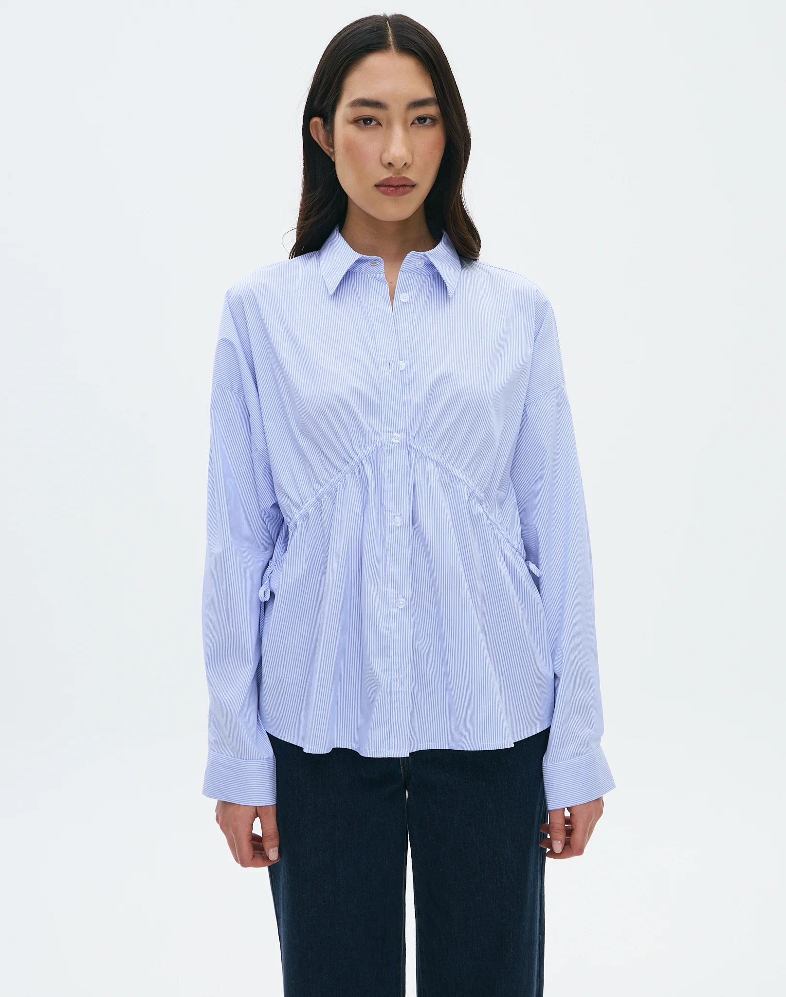 Ruched Detail Button Up Poplin Shirt Shirt in Blue X White Hana Stripe