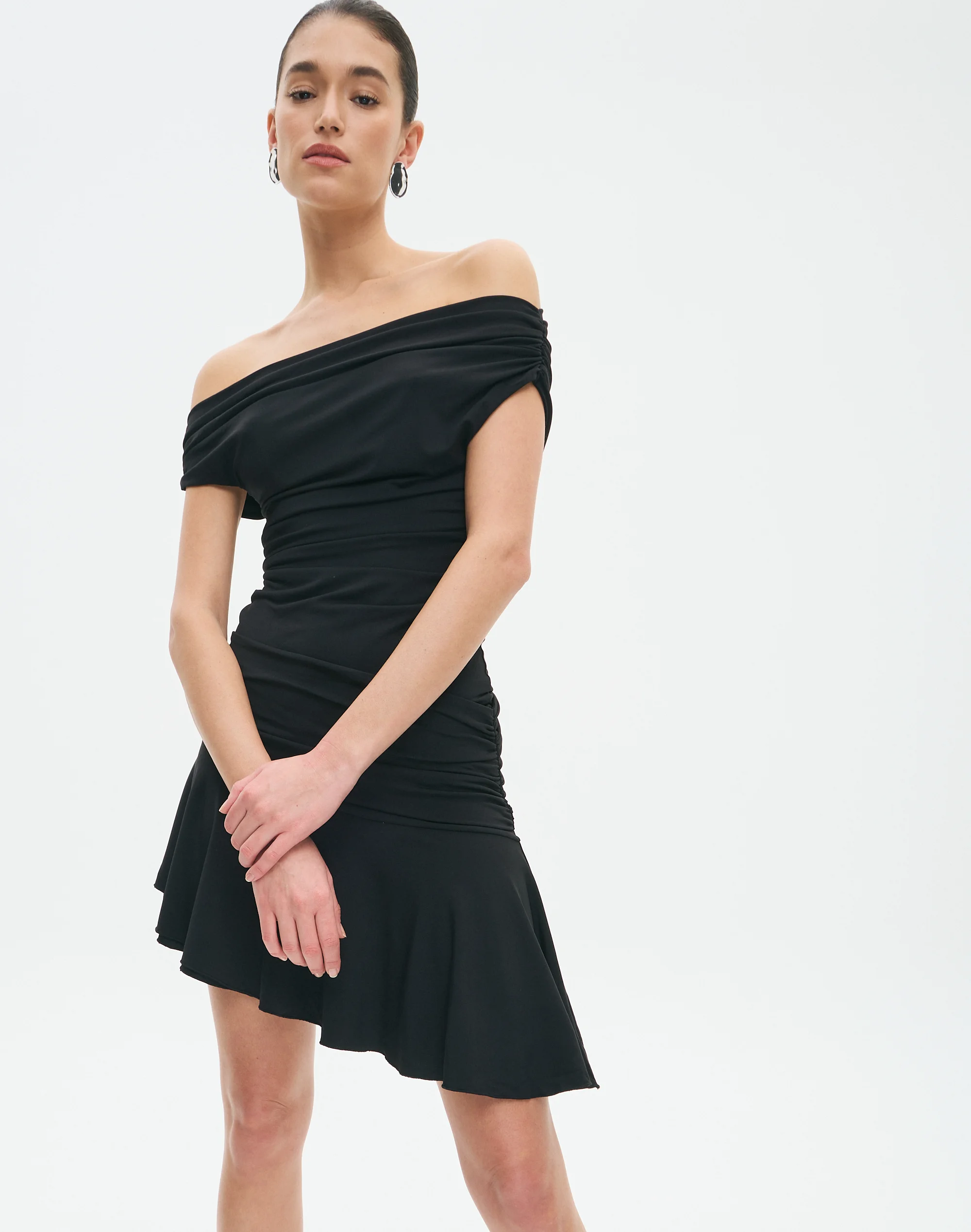 Asymmetrical Off Shoulder Mini Dress Black
