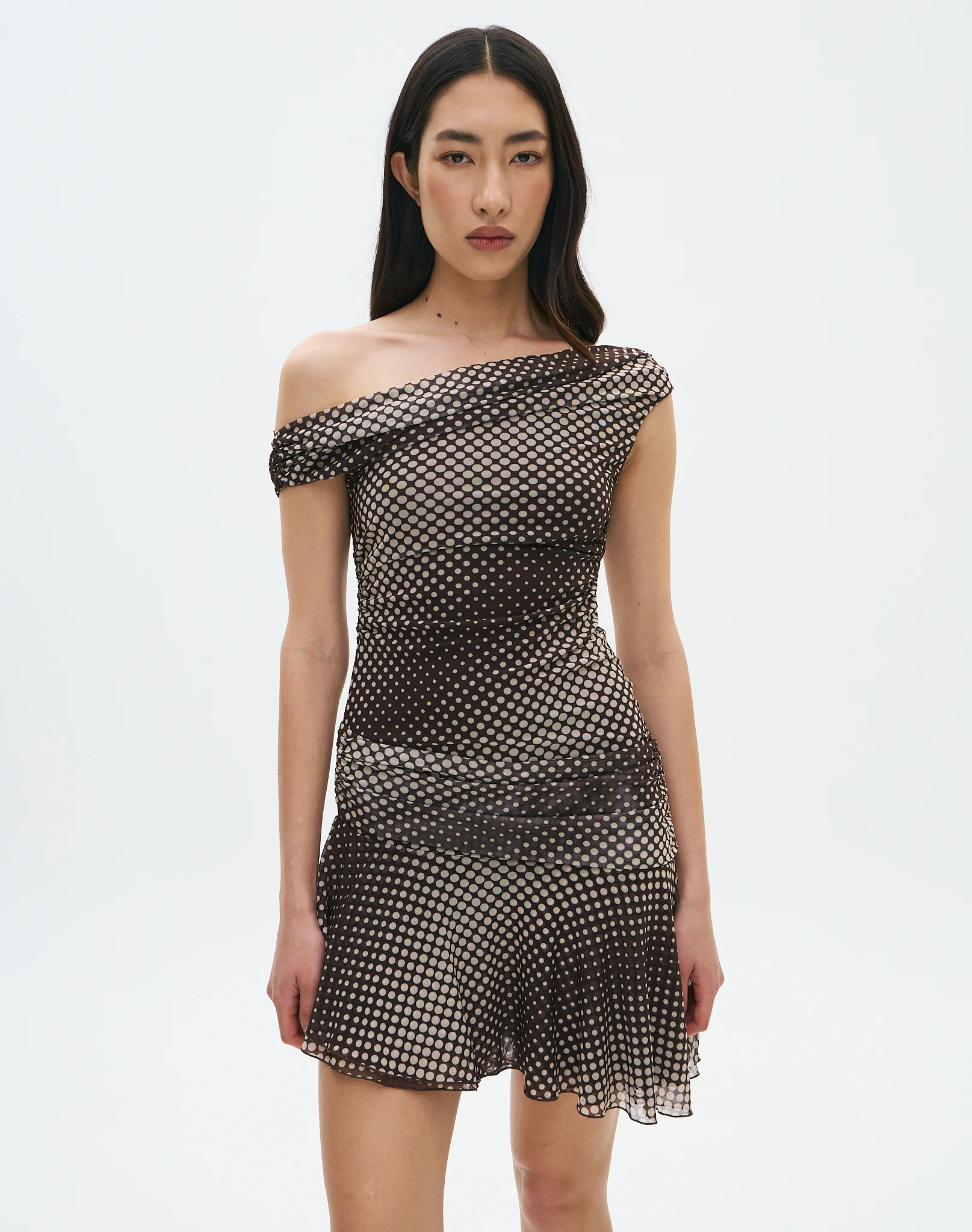 Print Asymmetrical Off Shoulder Mini Dress Velvet Solid Holographic Polka