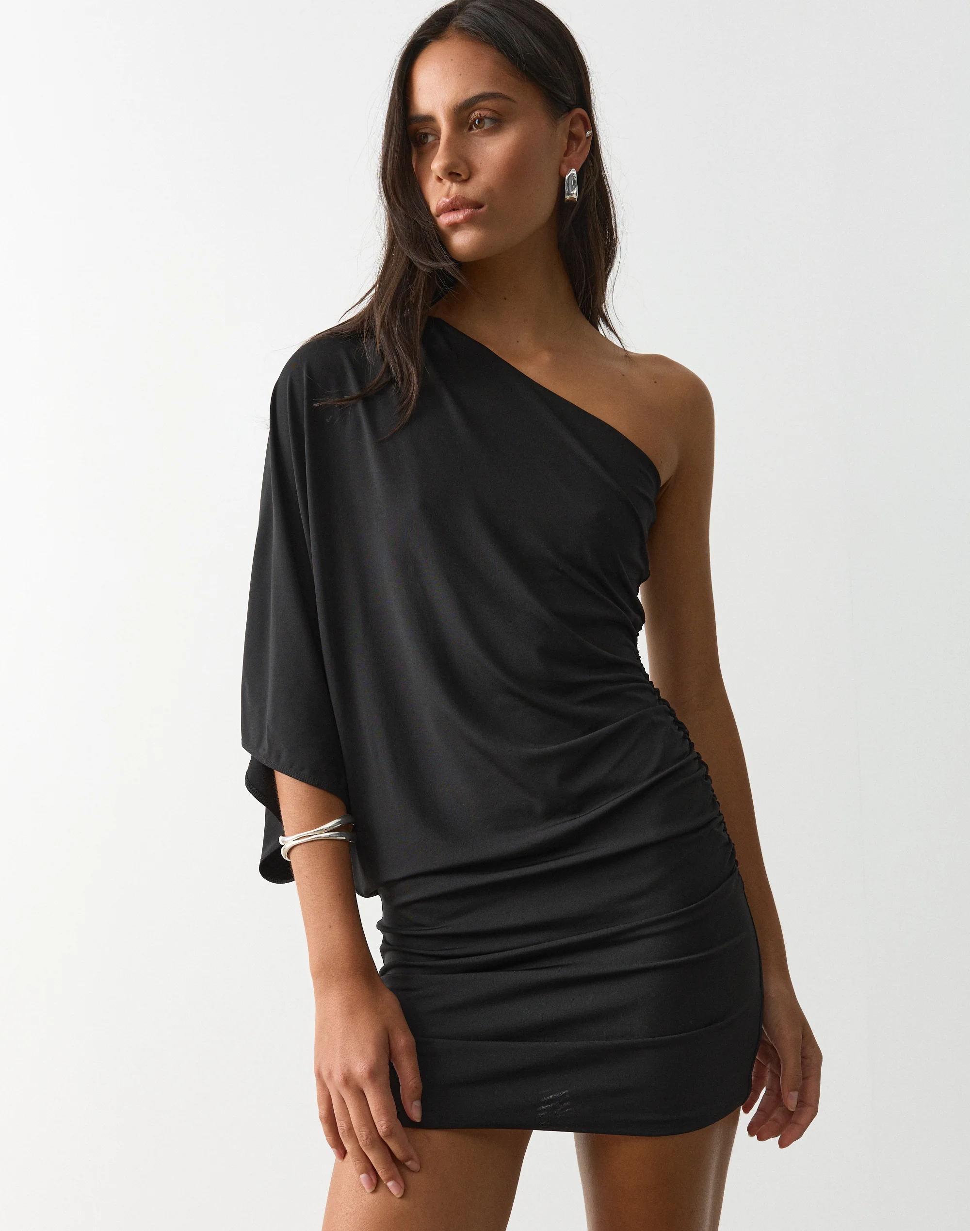 One Shoulder Batwing Mini Dress Black