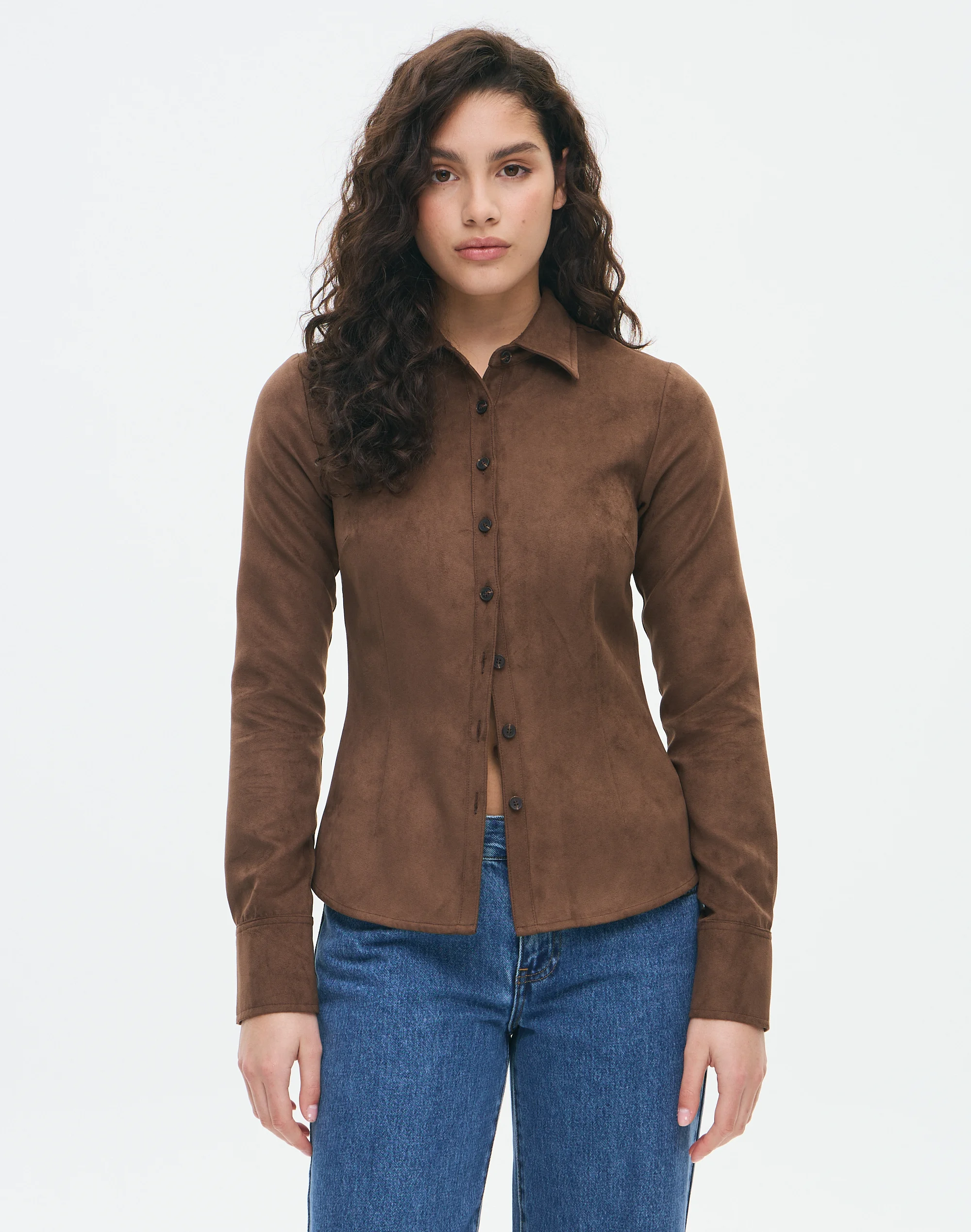 Faux Suede Button Up Shirt Stormy Suede