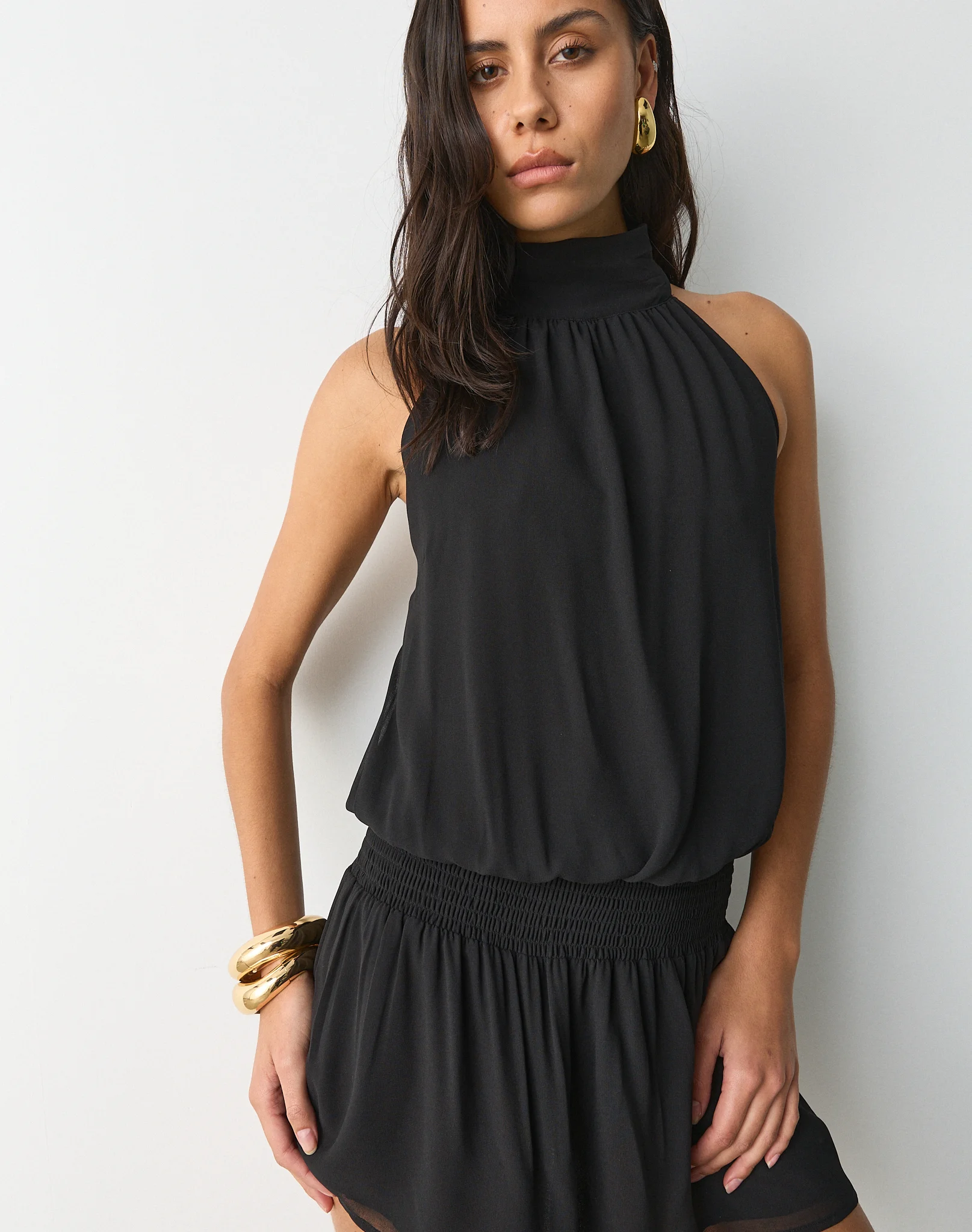 High Neck Chiffon Mini Dress Black