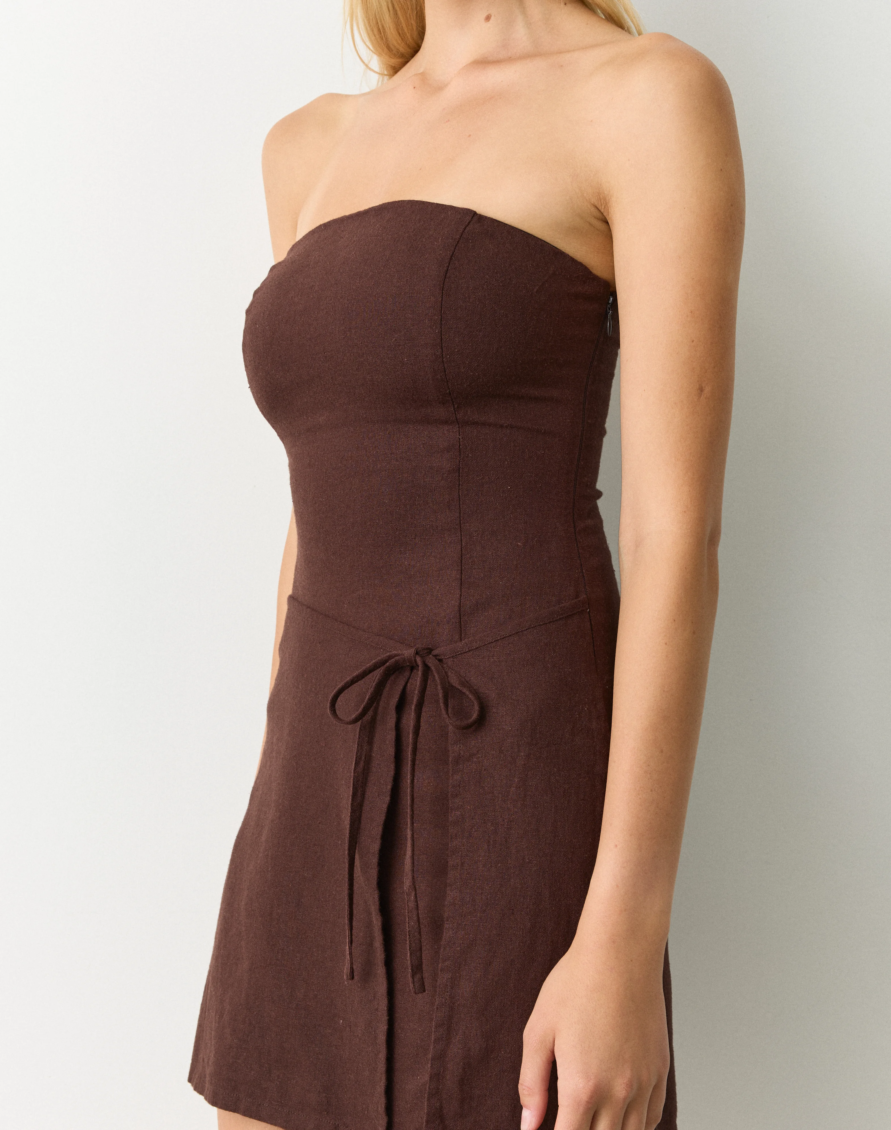 Linen Blend Strapless Mini Dress Island Fudge