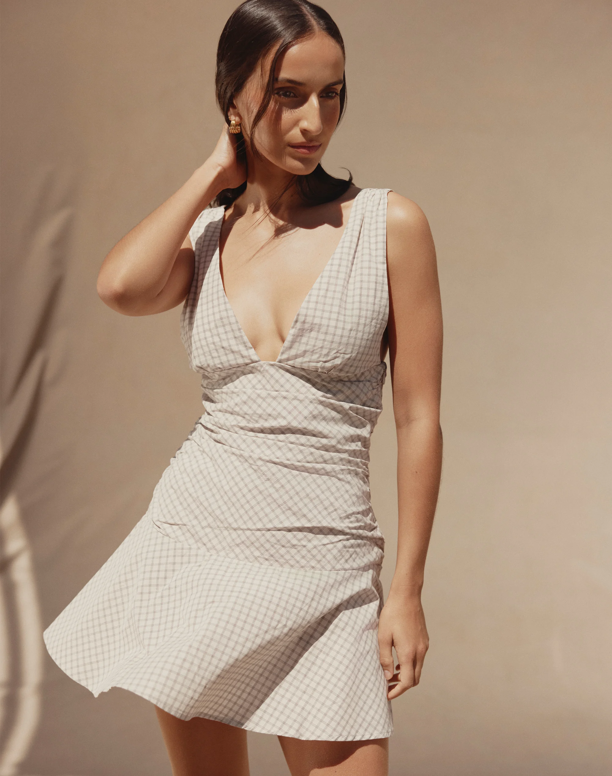 Cotton Ruched Mini Dress Sand Gimmie Check