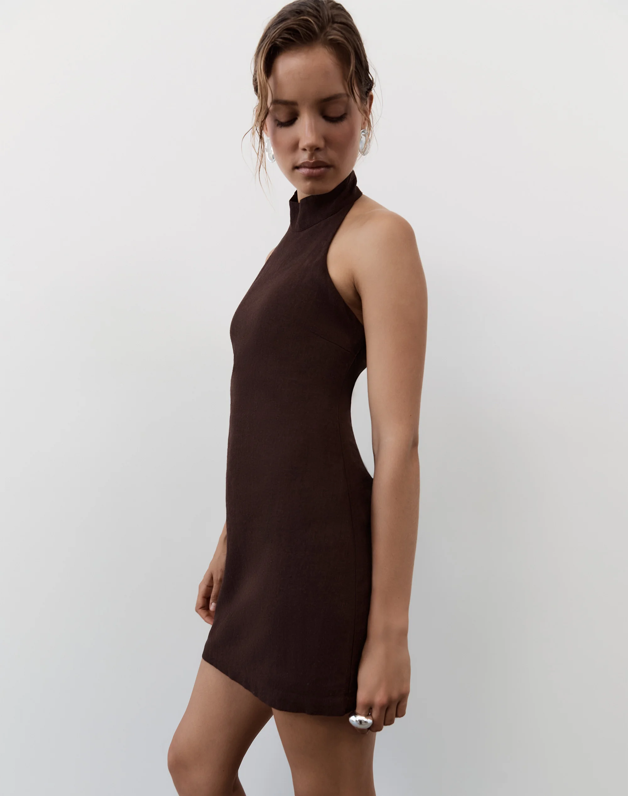 Linen Blend High Neck Mini Dress Island Fudge