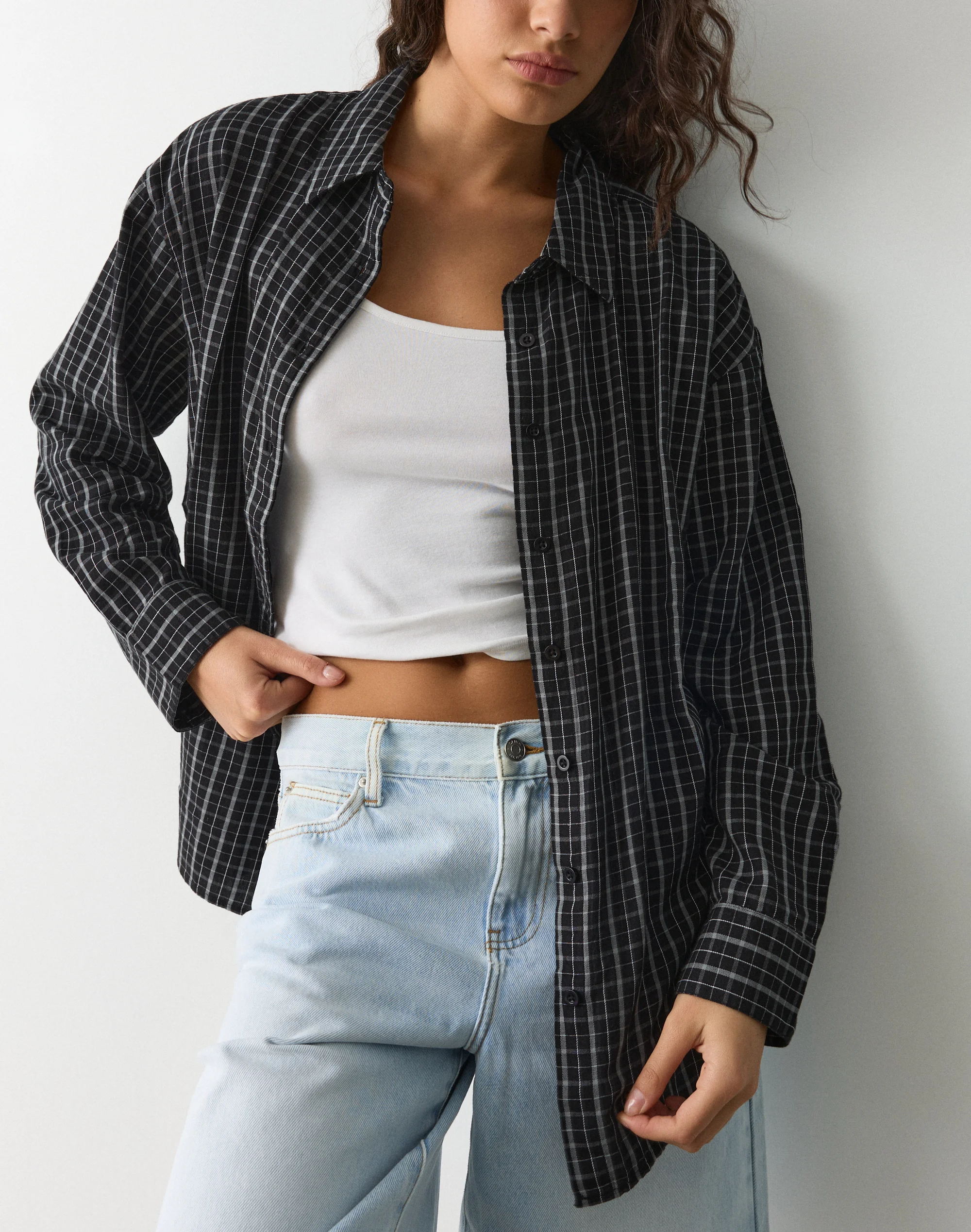 Cotton Oversized Button Up Shirt Midnight Shadow Check