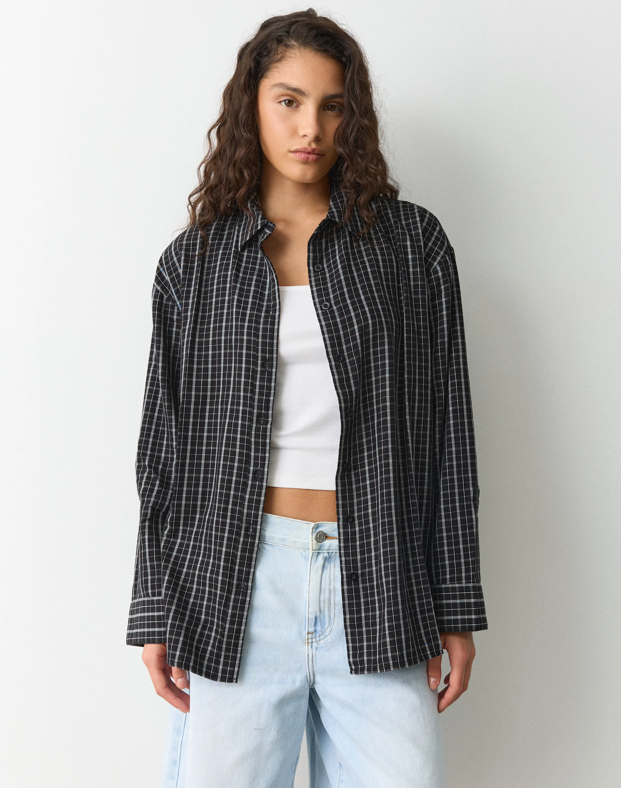 Cotton Oversized Button Up Shirt Midnight Shadow Check