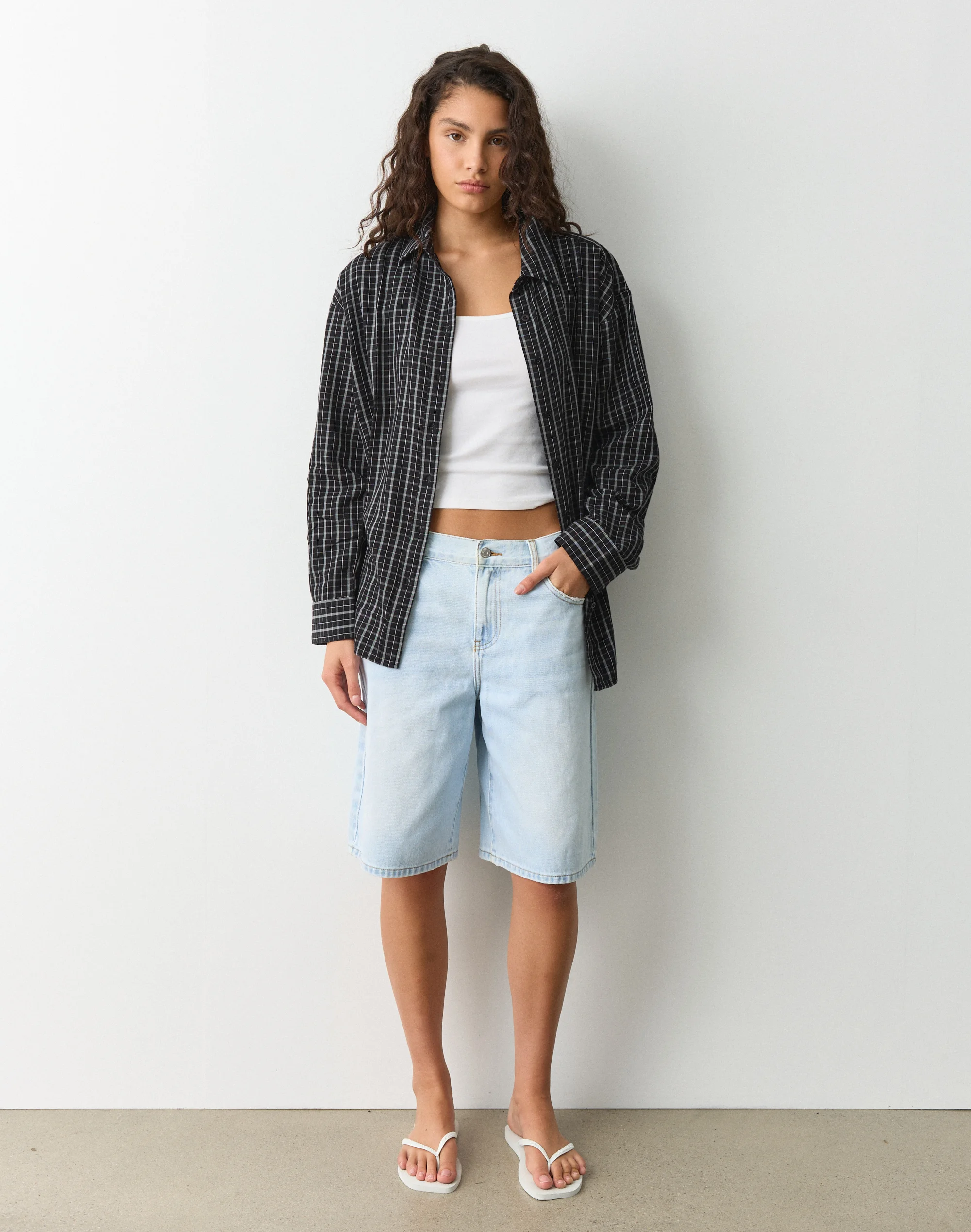 Cotton Oversized Button Up Shirt Midnight Shadow Check