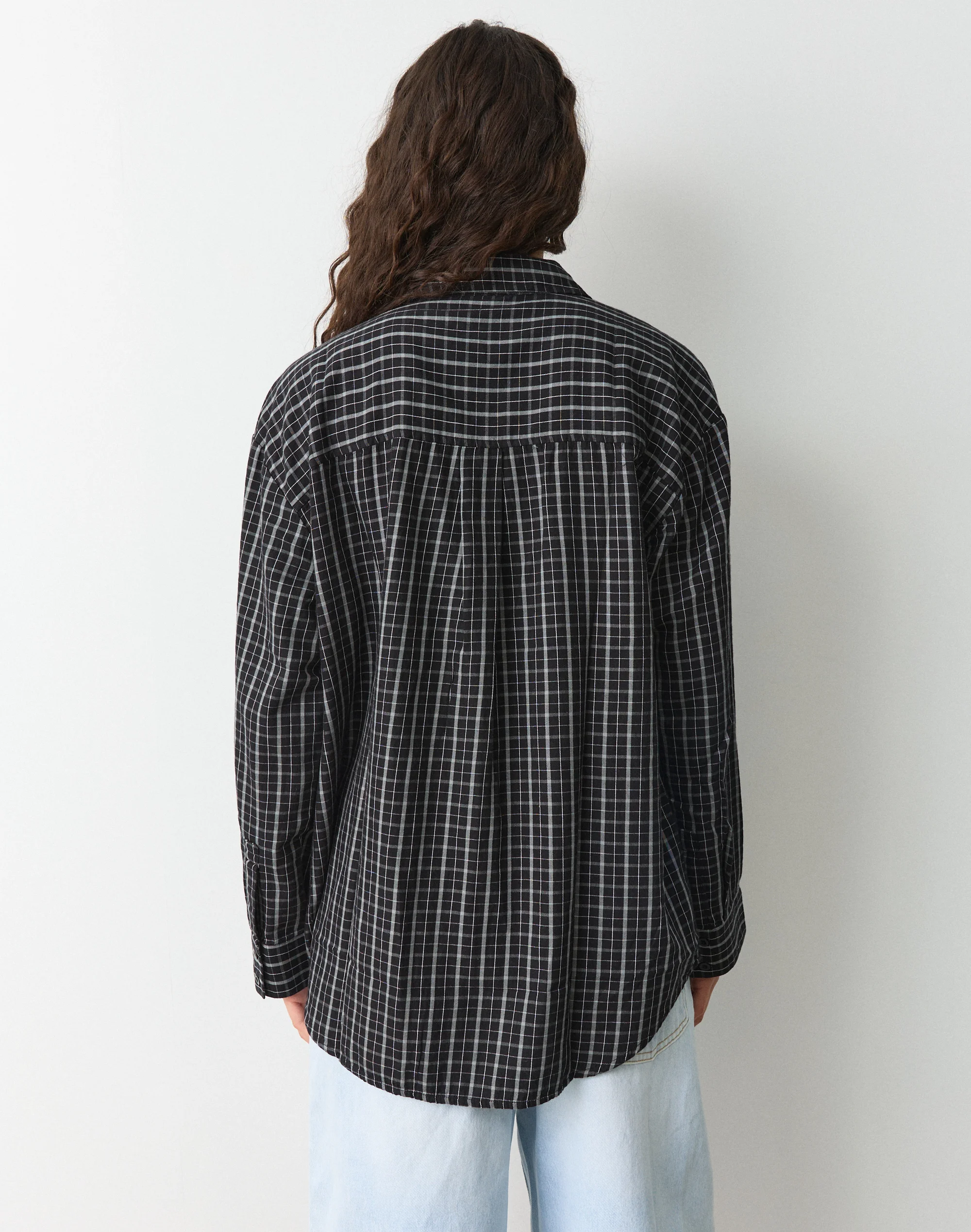 Cotton Oversized Button Up Shirt Midnight Shadow Check