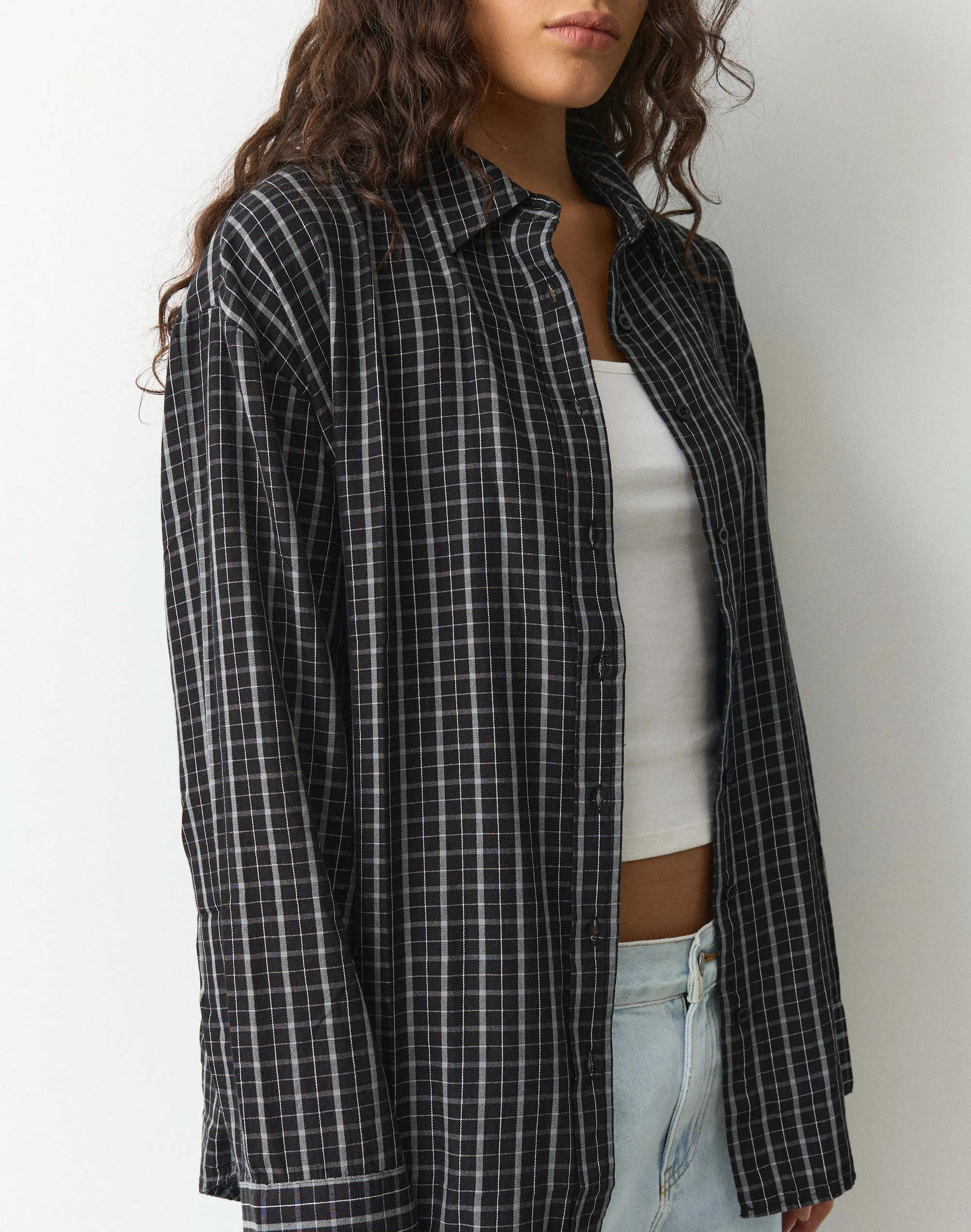 Cotton Oversized Button Up Shirt Midnight Shadow Check