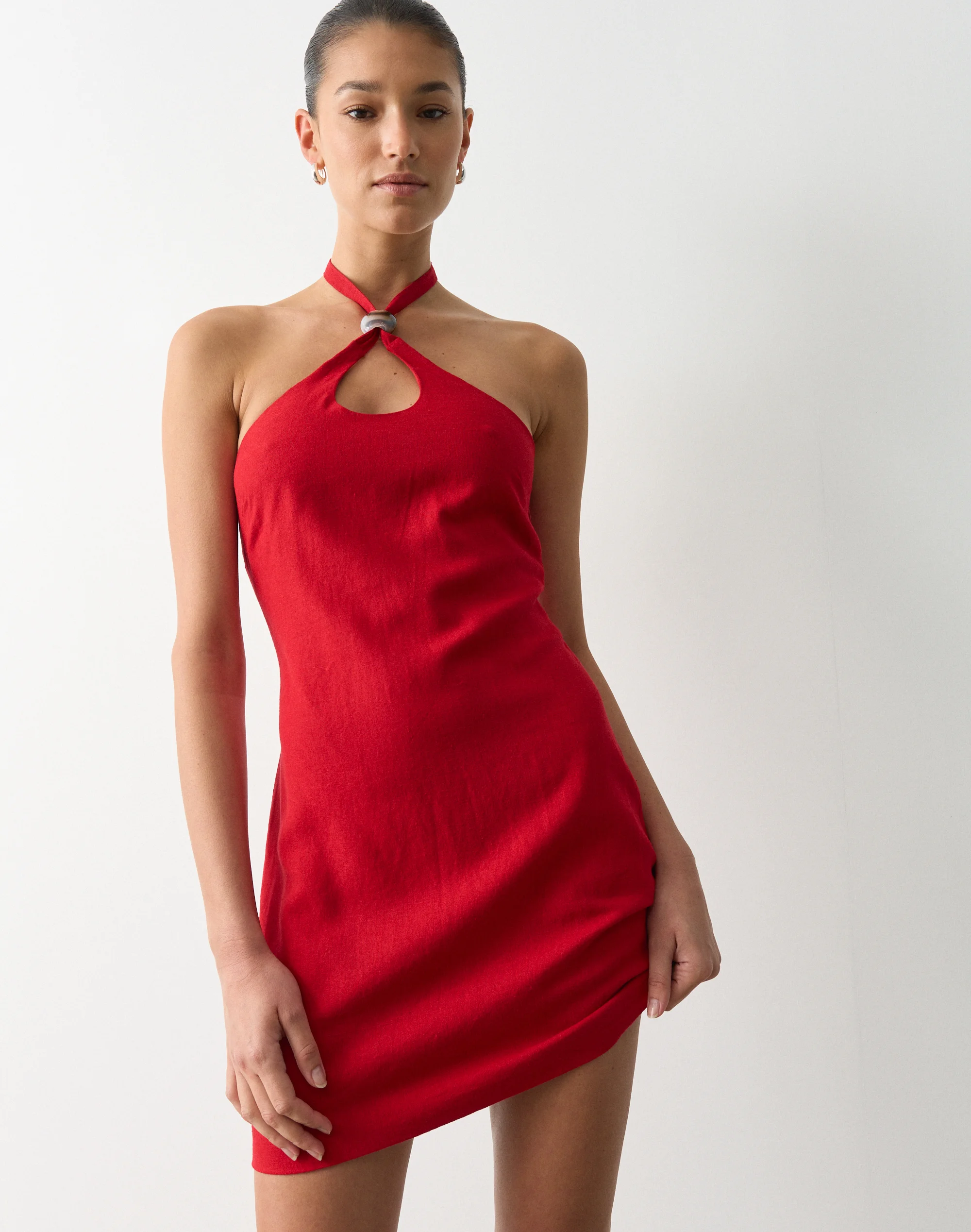 Linen Blend Bead Halter Mini Dress Hang Up