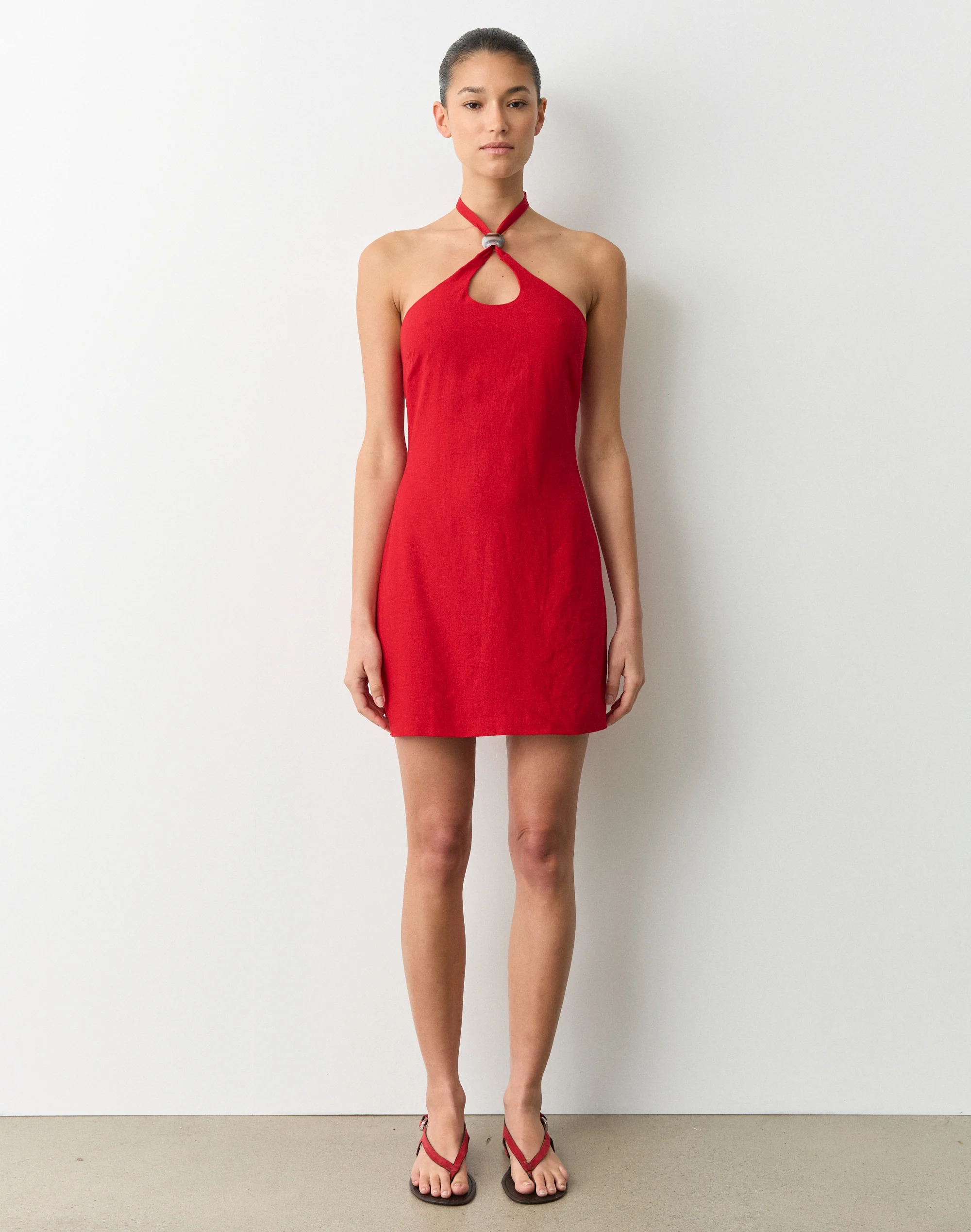 Linen Blend Bead Halter Mini Dress Hang Up