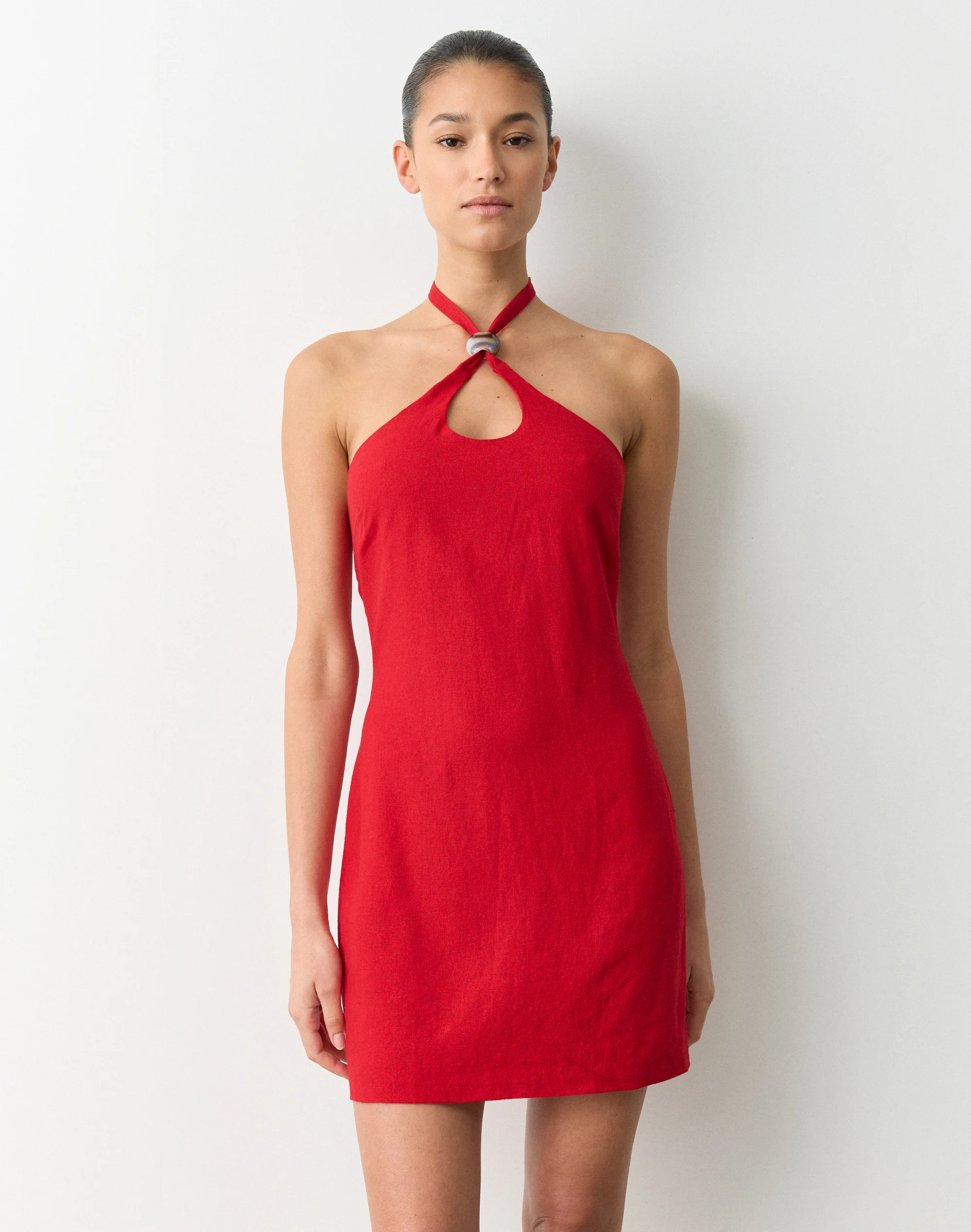 Linen Blend Bead Halter Mini Dress Hang Up