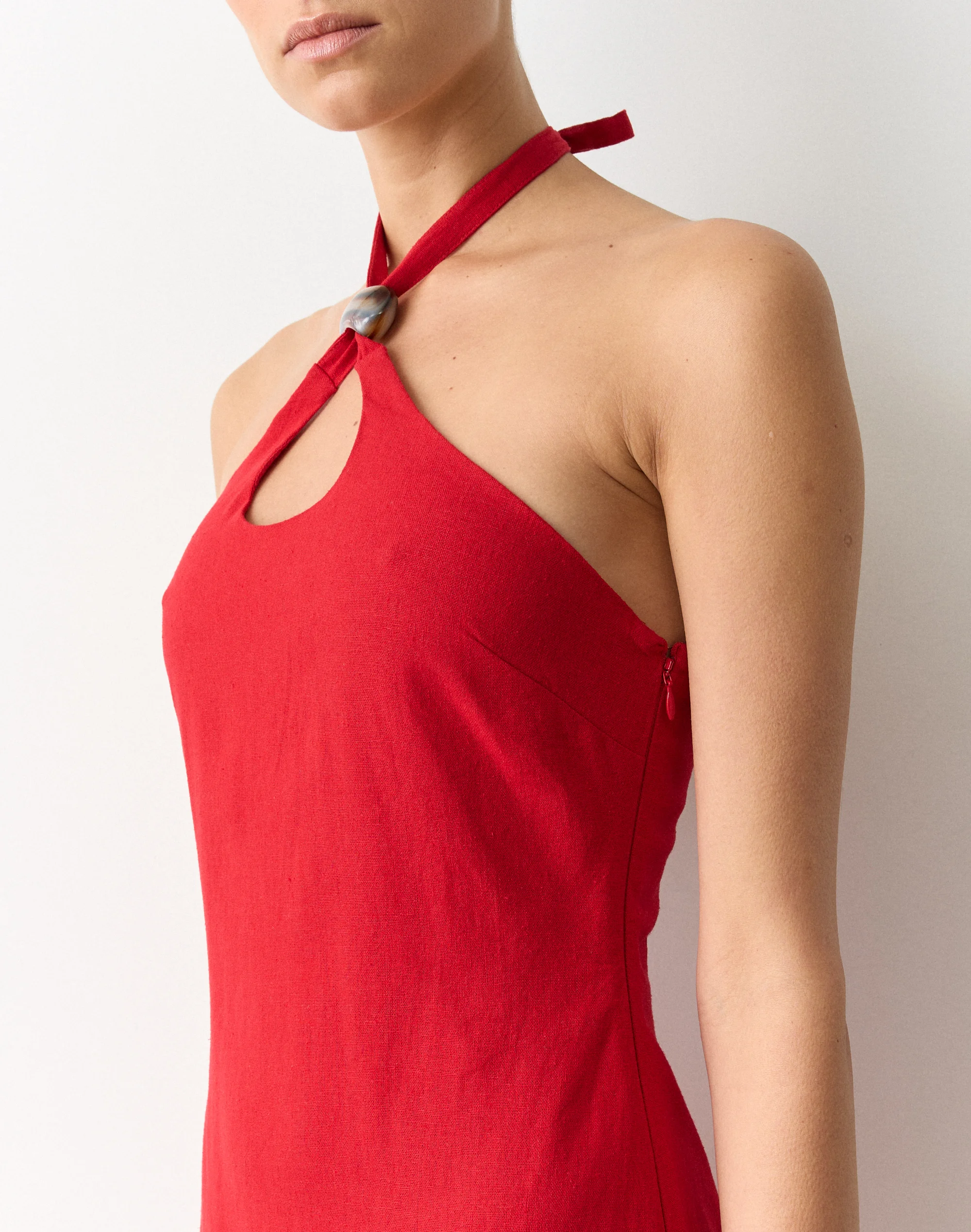 Linen Blend Bead Halter Mini Dress Hang Up