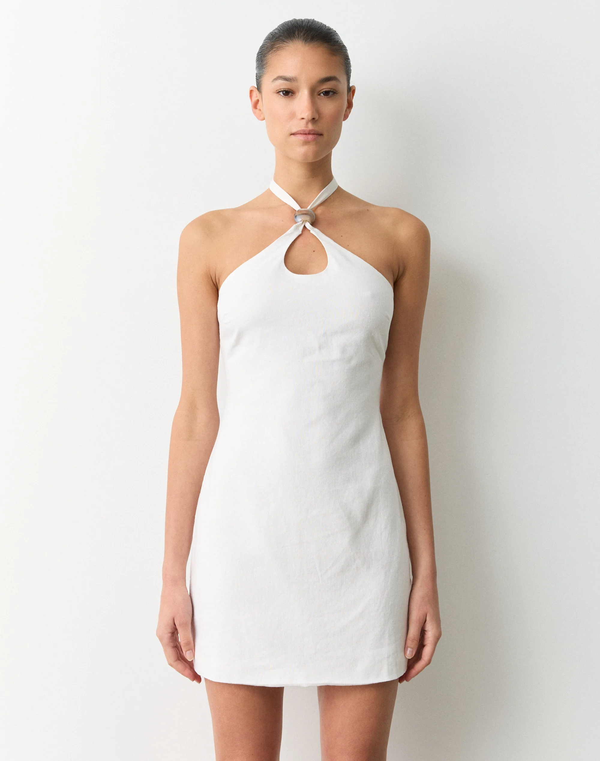 Linen Blend Bead Halter Mini Dress White 3 Linen Blend Bead Halter Mini Dress White