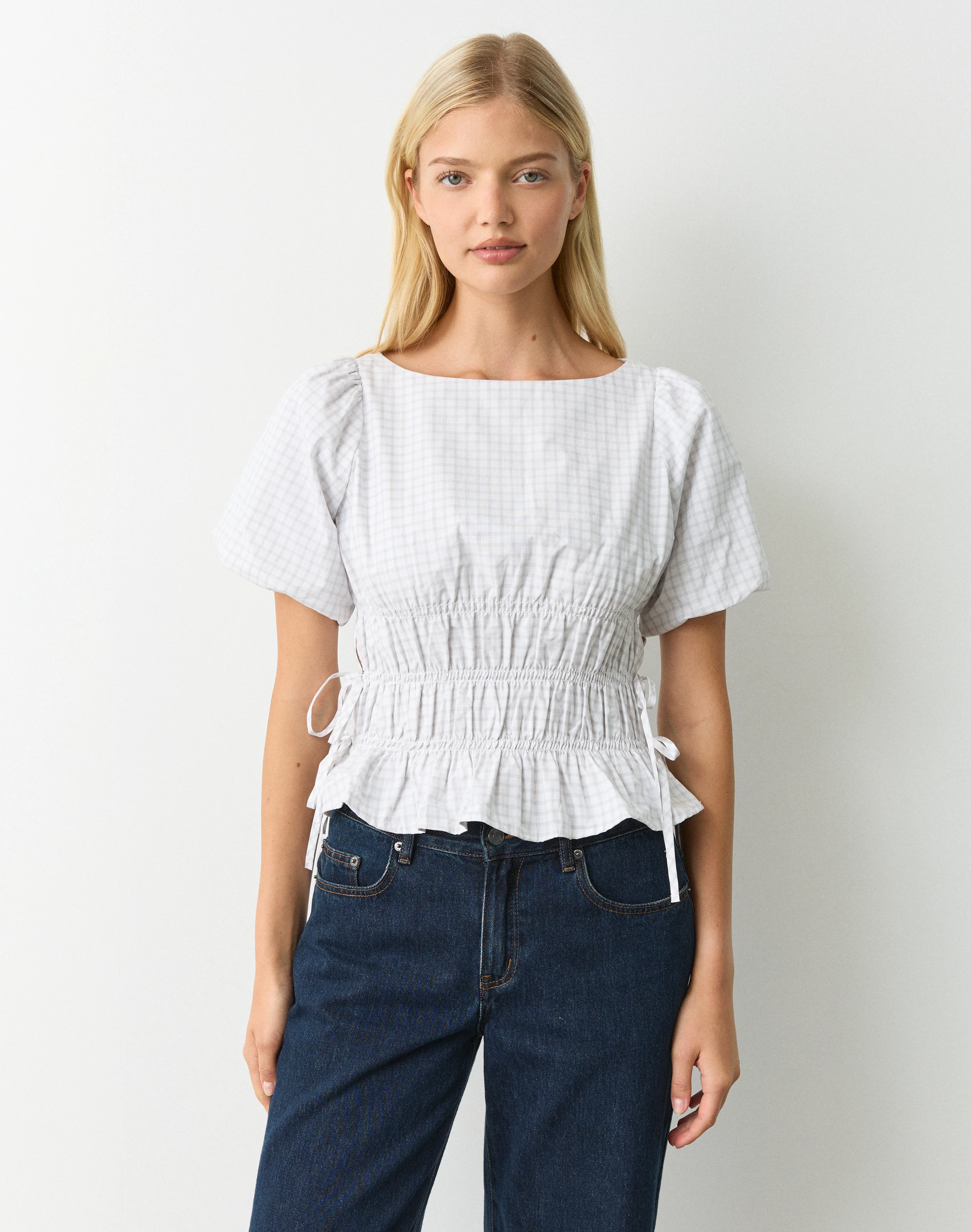 Puff Sleeve Tie Side Blouse White Gimmie Check