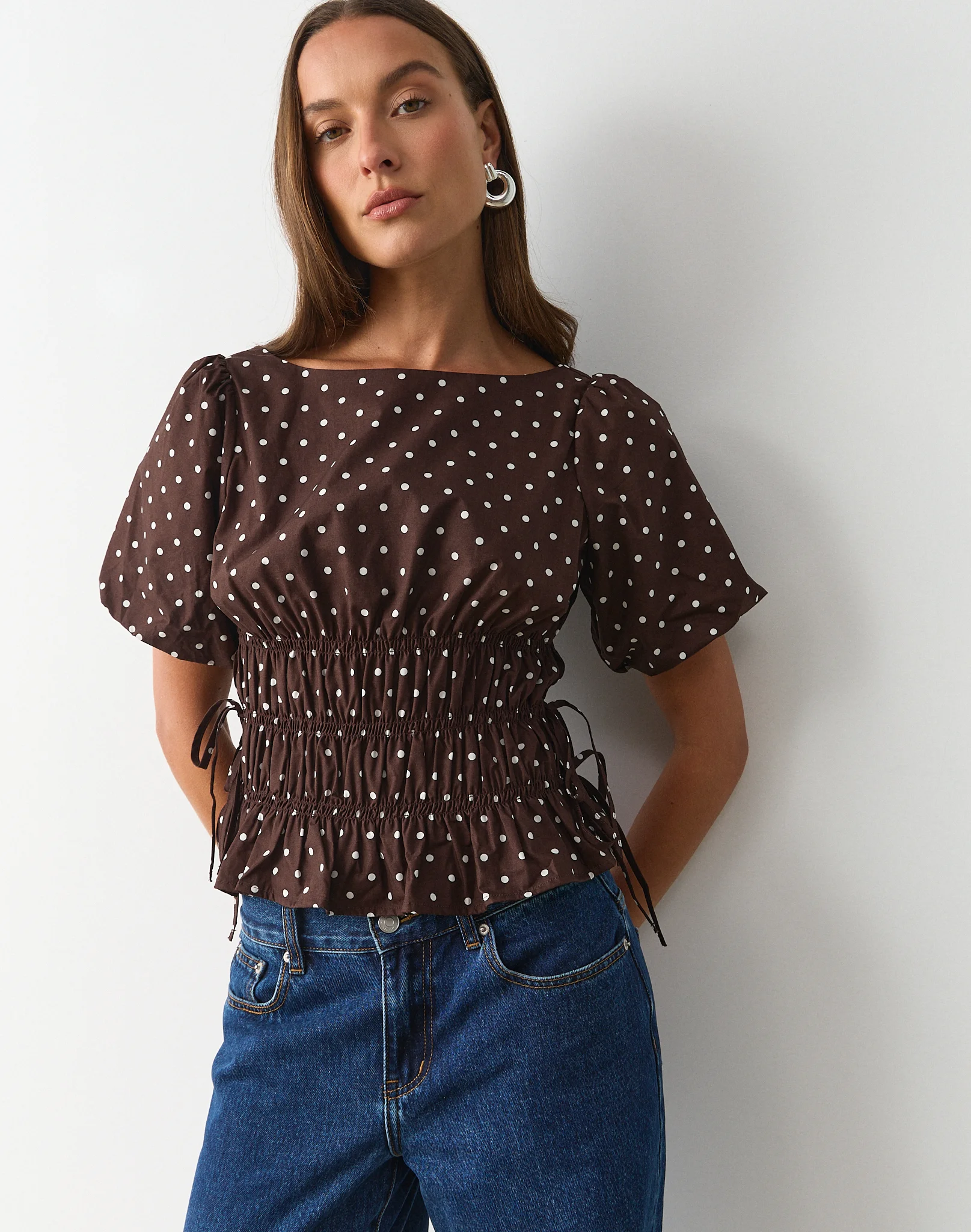 Polka Dot Puff Sleeve Tie Side Blouse Fudge X White Maria Polkadot