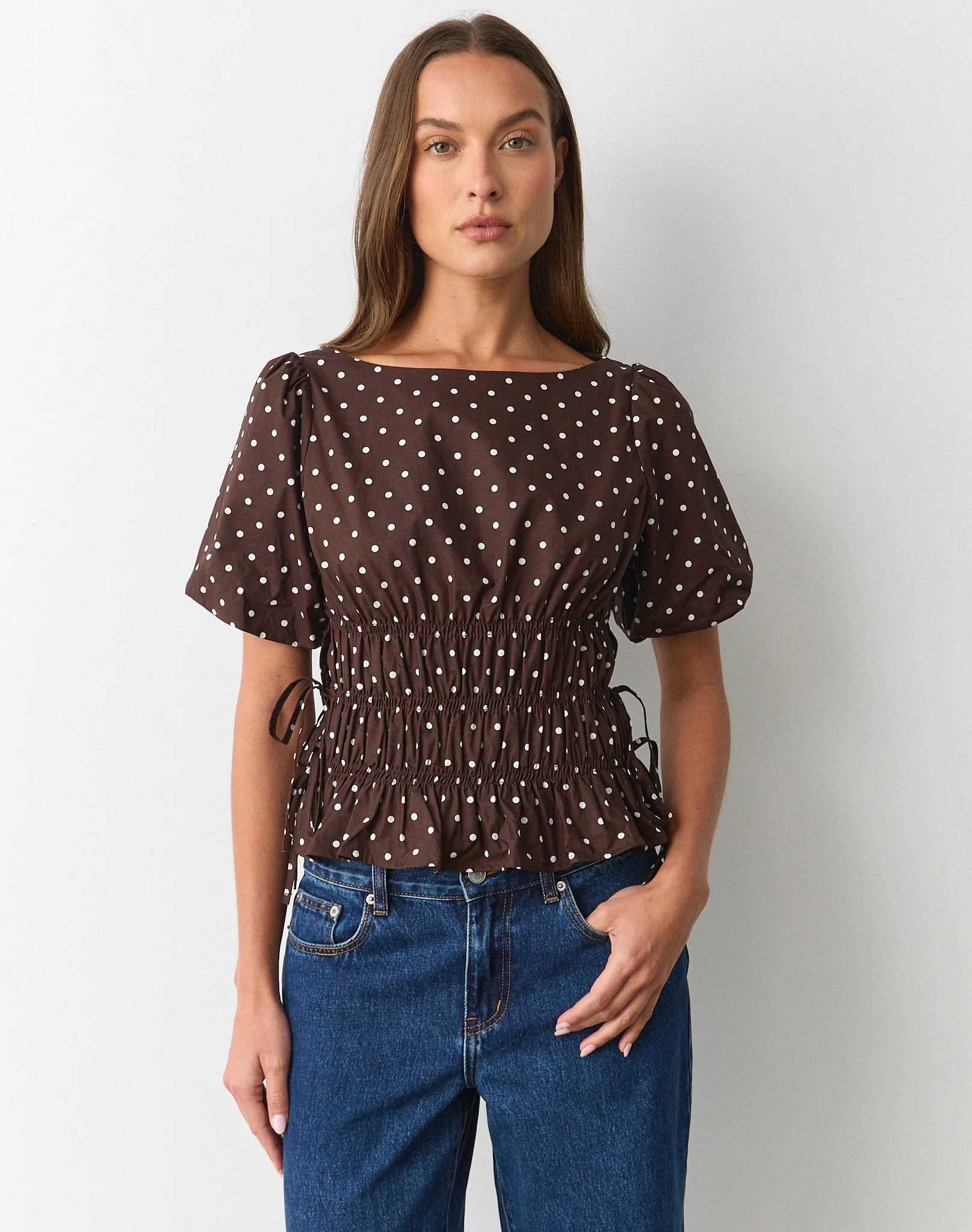 Polka Dot Puff Sleeve Tie Side Blouse Fudge X White Maria Polkadot