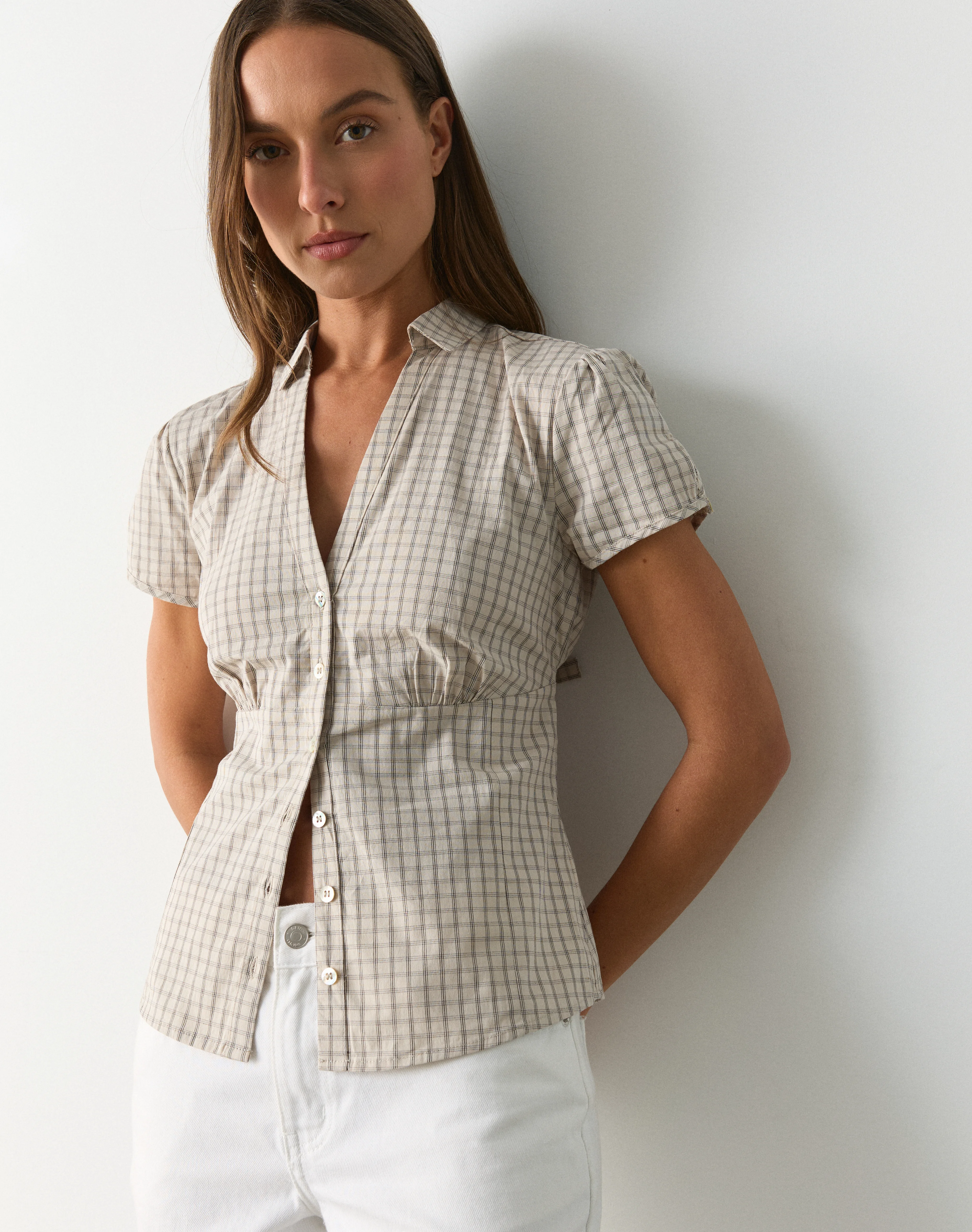 Check Tie Back Blouse Sand Gimmie Check