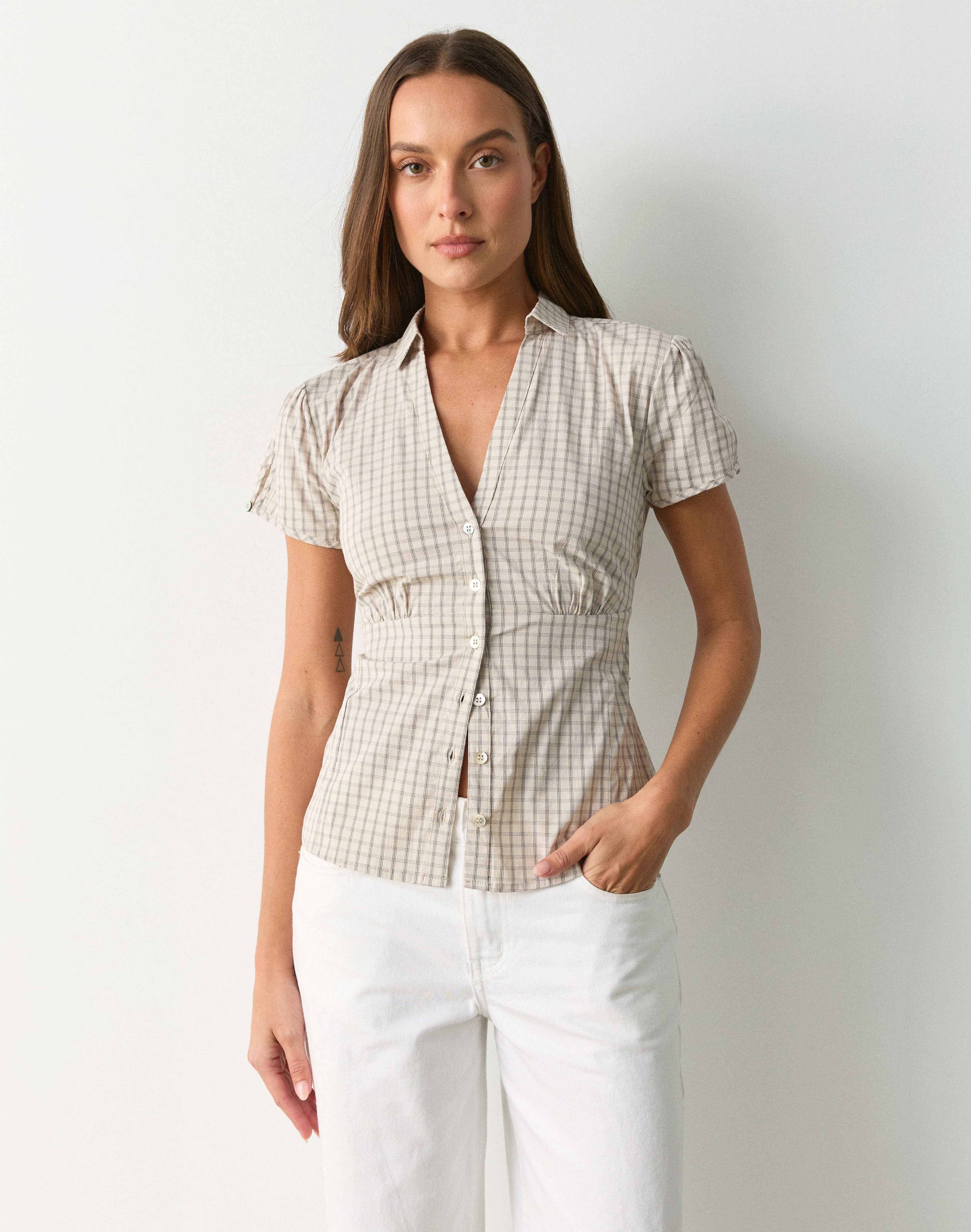 Check Tie Back Blouse Sand Gimmie Check