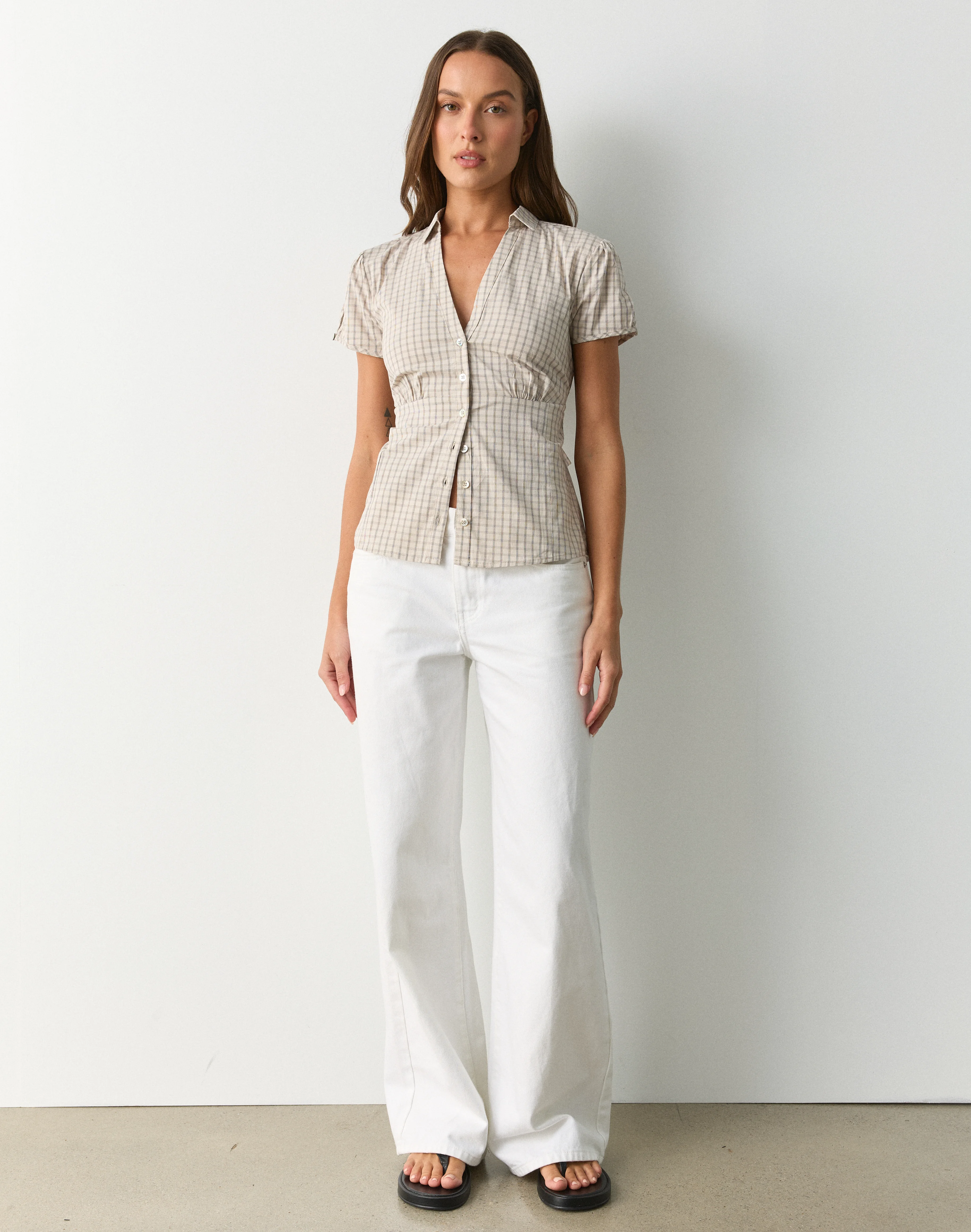 Check Tie Back Blouse Sand Gimmie Check
