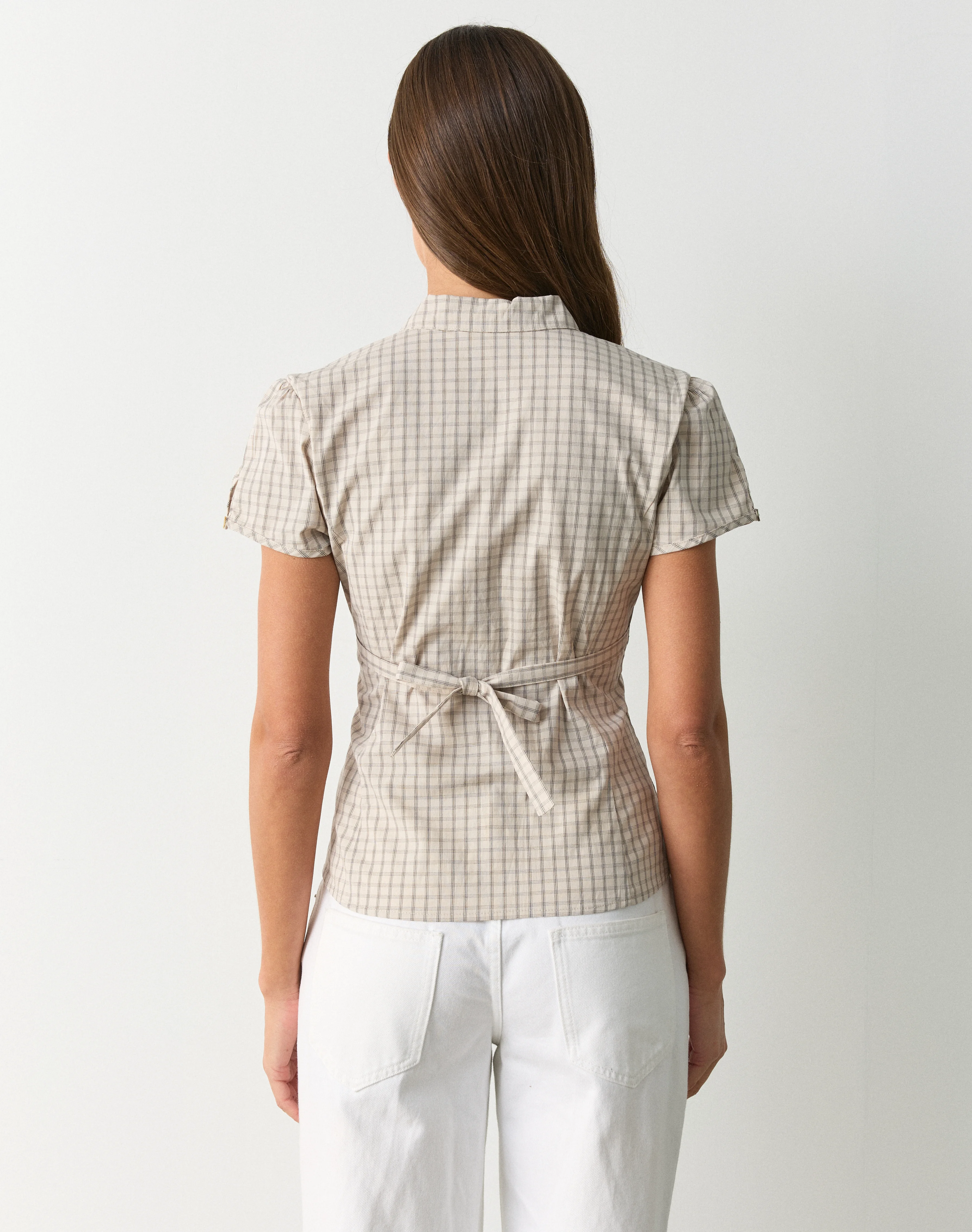 Check Tie Back Blouse Sand Gimmie Check