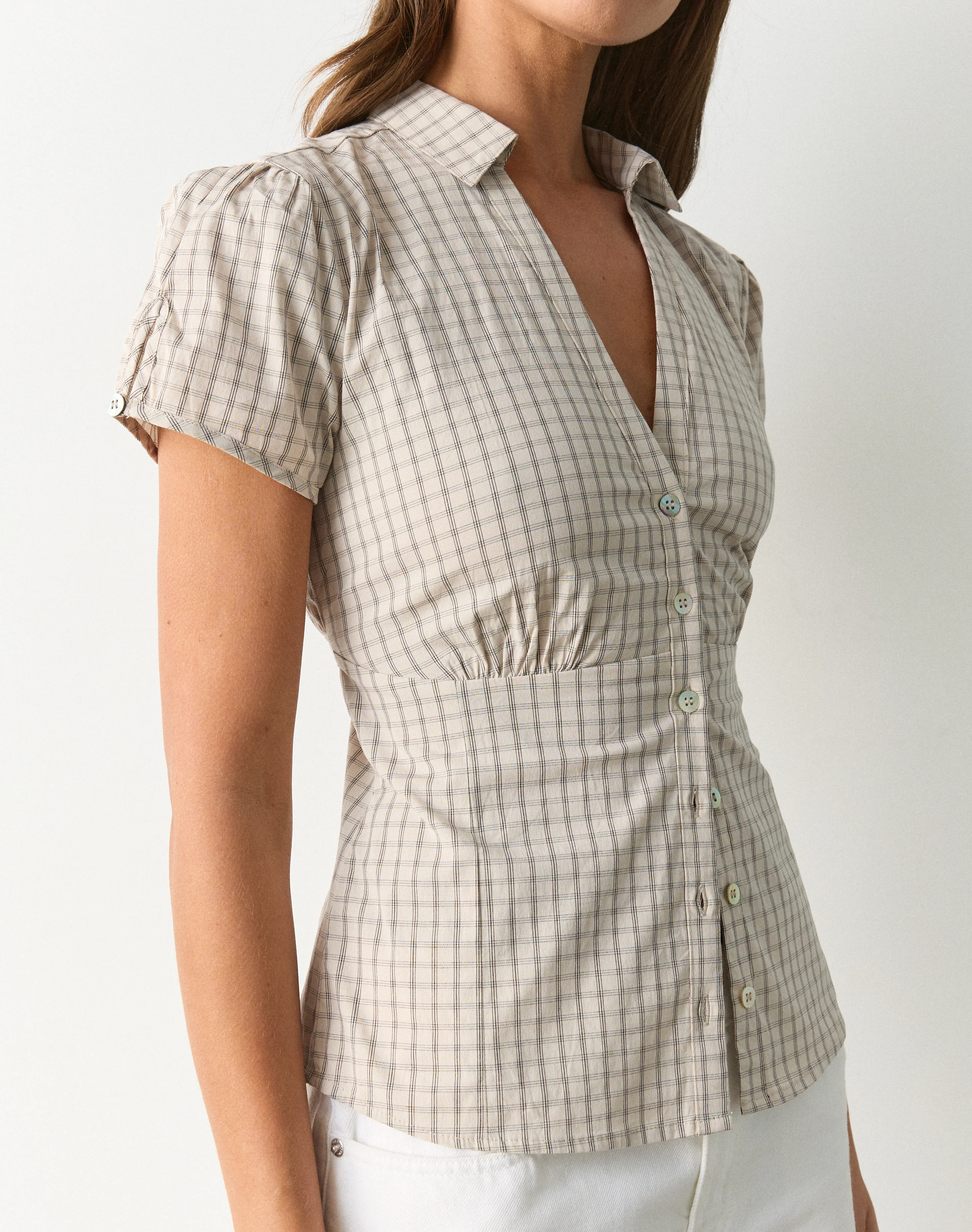 Check Tie Back Blouse Sand Gimmie Check