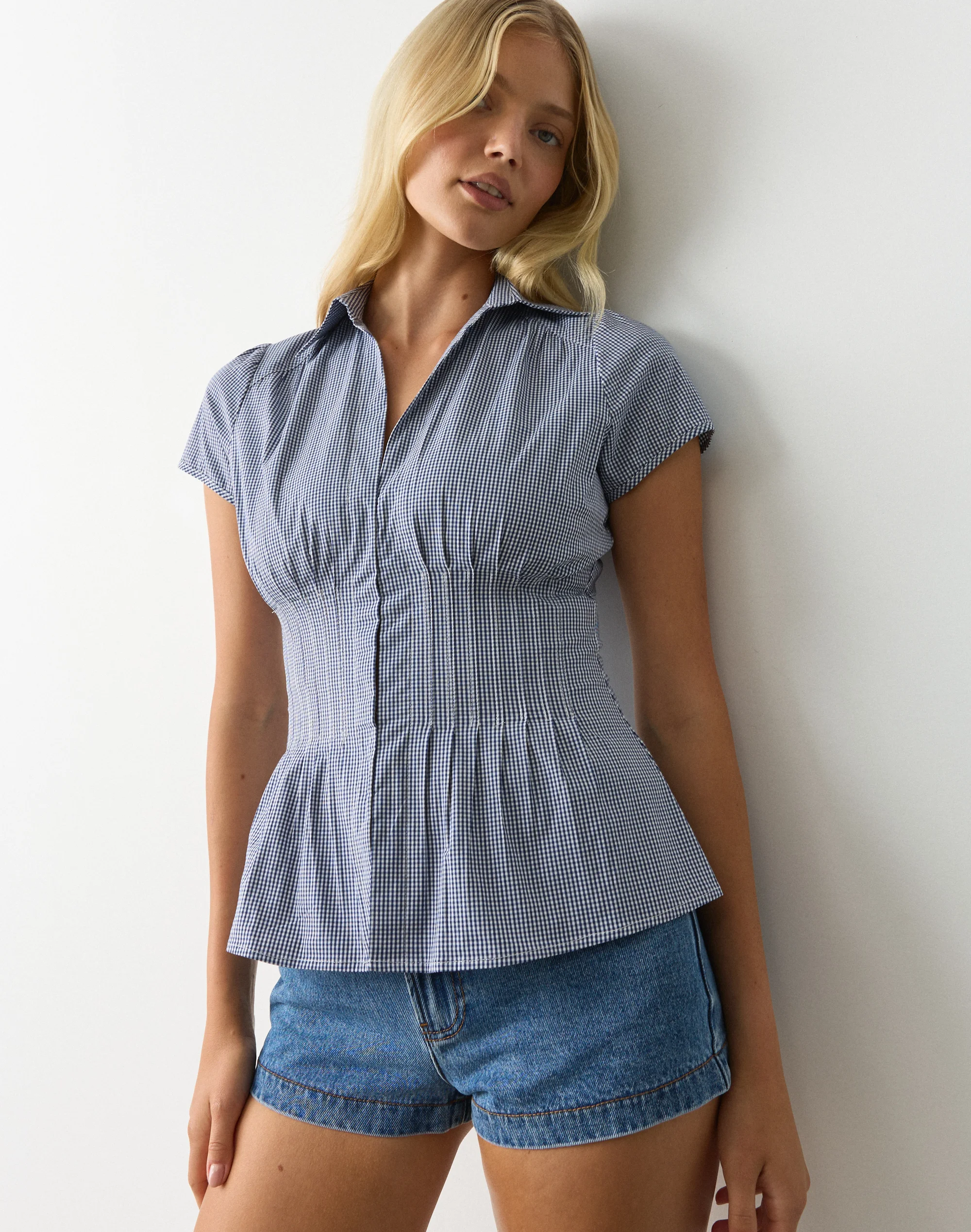 Gingham Pintuck Cap Sleeve Blouse Filly Midnight Ghm