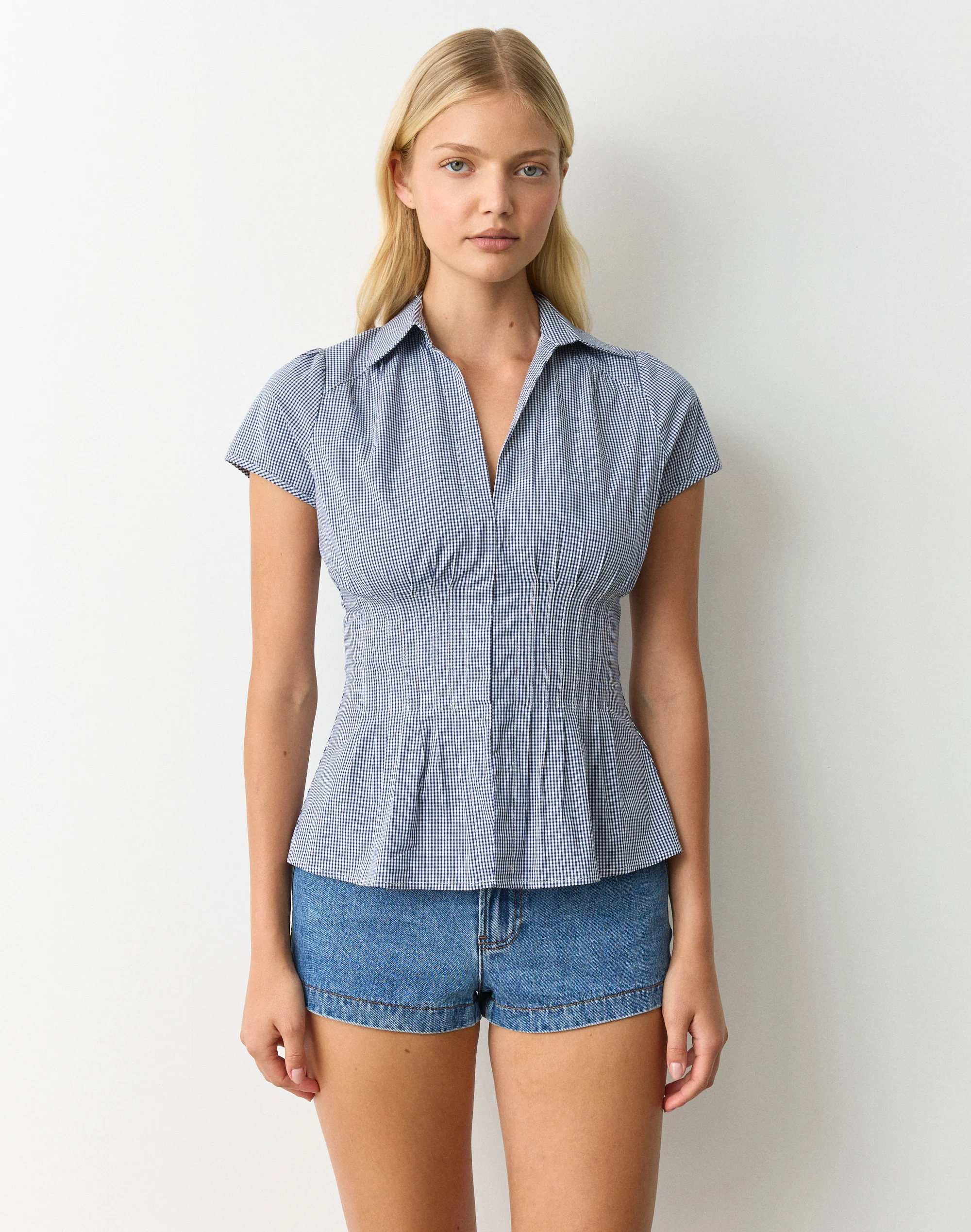 Gingham Pintuck Cap Sleeve Blouse Filly Midnight Ghm