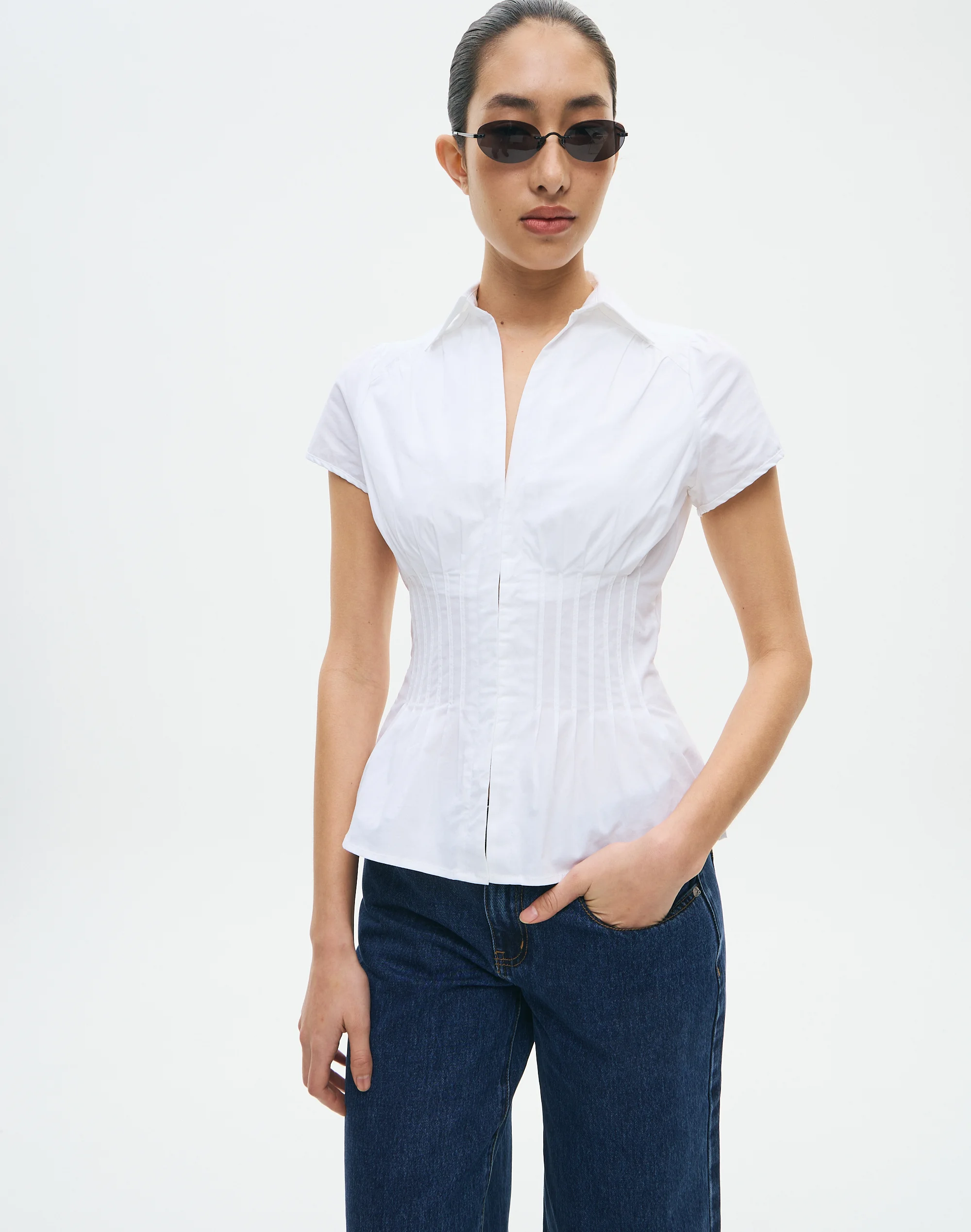 Pintuck Cap Sleeve Blouse White