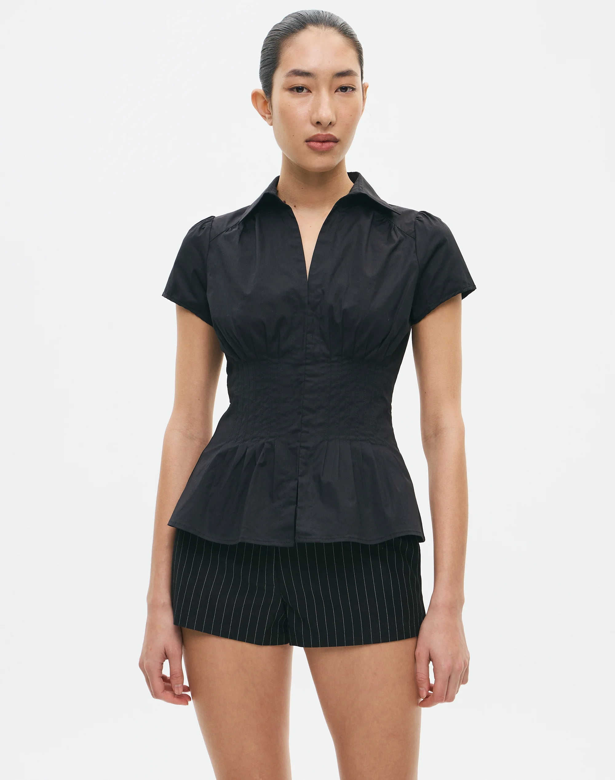 Pintuck Cap Sleeve Blouse Black
