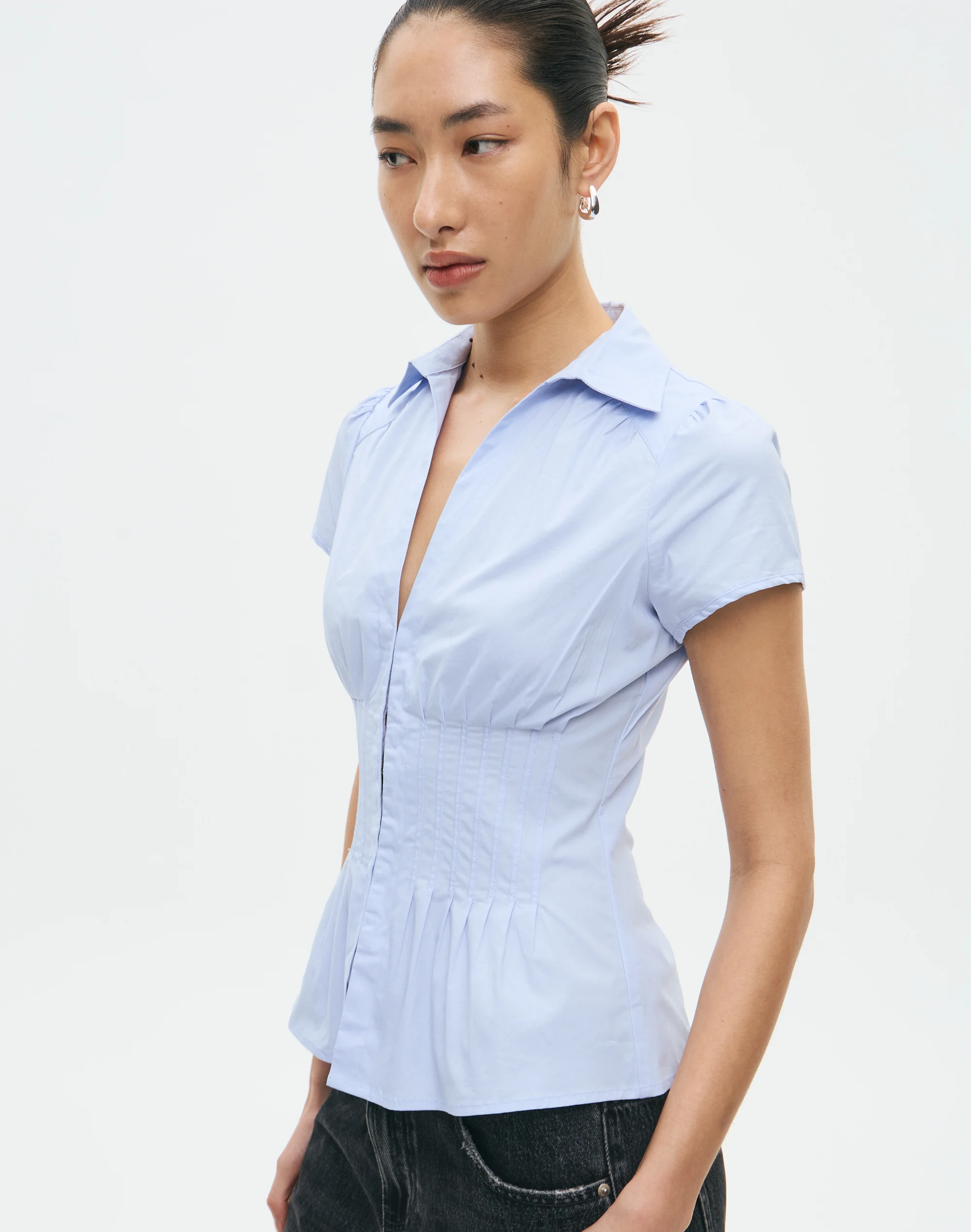Pintuck Cap Sleeve Blouse Western Blue