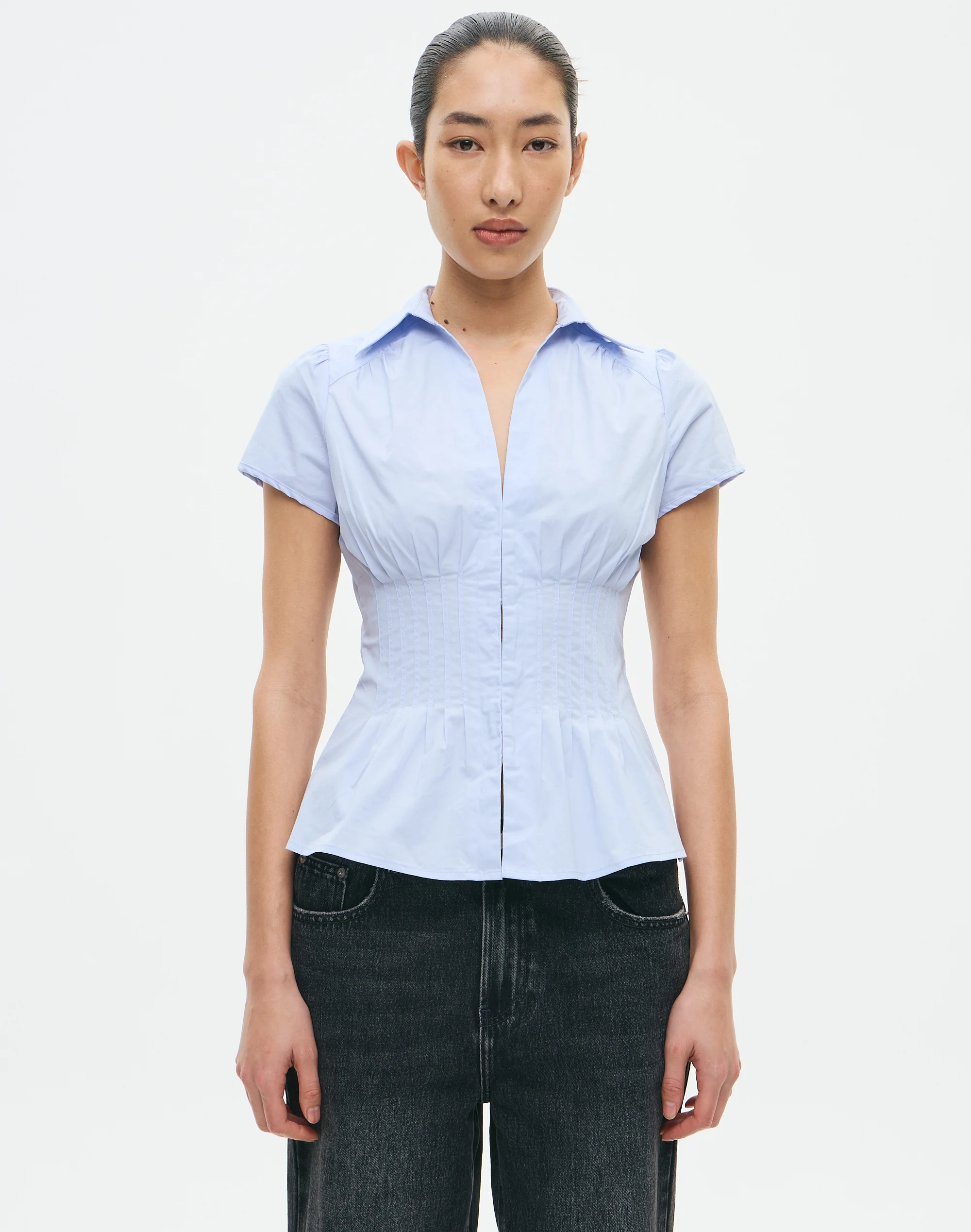 Pintuck Cap Sleeve Blouse Western Blue