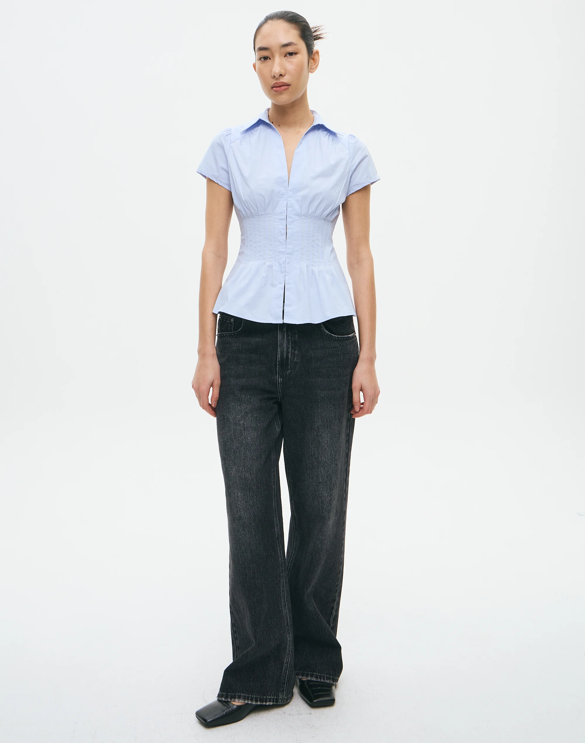 Pintuck Cap Sleeve Blouse Western Blue