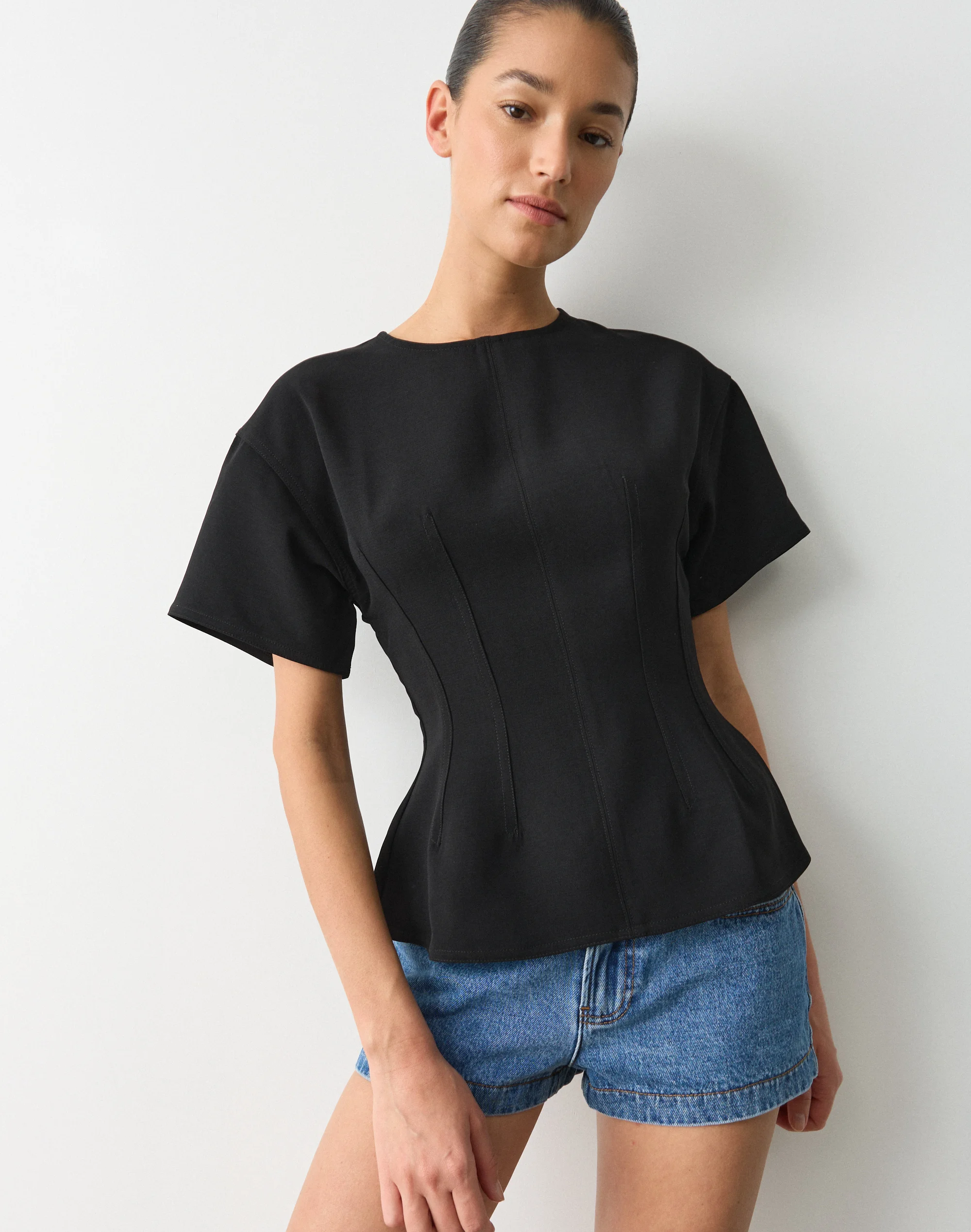 Tailored Waist Short Sleeve Blouse Black