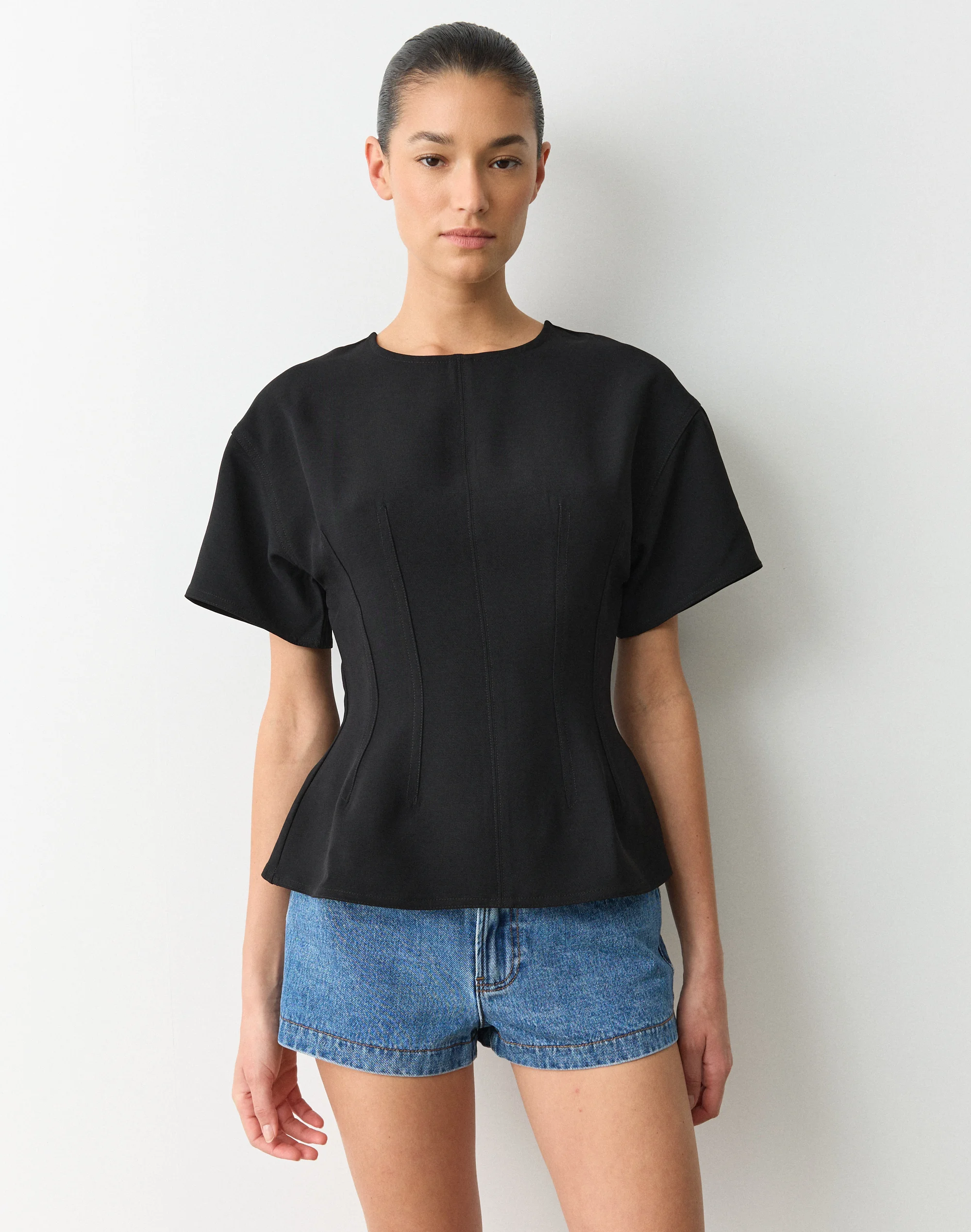 Tailored Waist Short Sleeve Blouse Black
