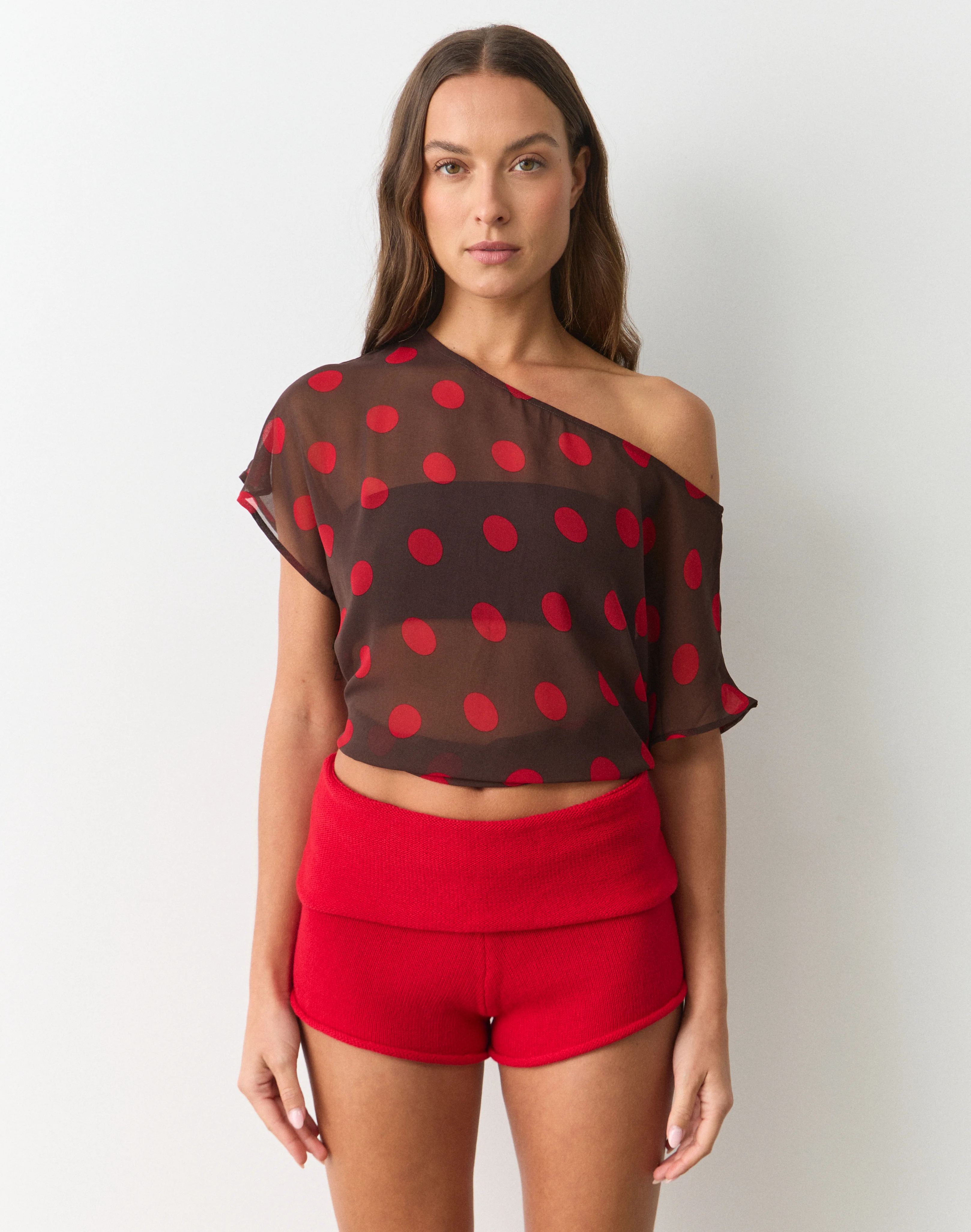Print Chiffon Sheer Off Shoulder Blouse Fudge Cherry Mariona Polka