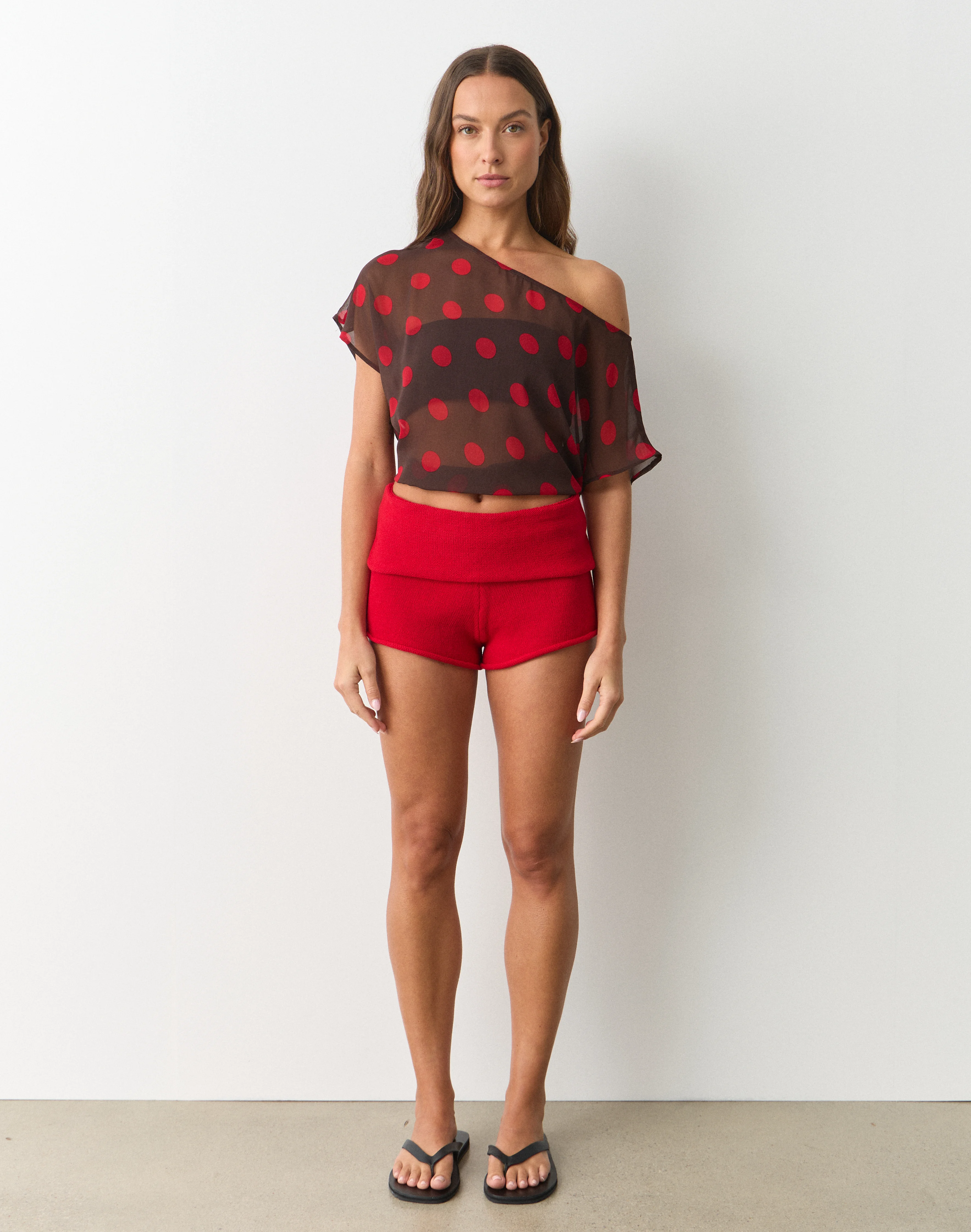 Print Chiffon Sheer Off Shoulder Blouse Fudge Cherry Mariona Polka 3 Print Chiffon Sheer Off Shoulder Blouse Fudge Cherry Mariona Polka